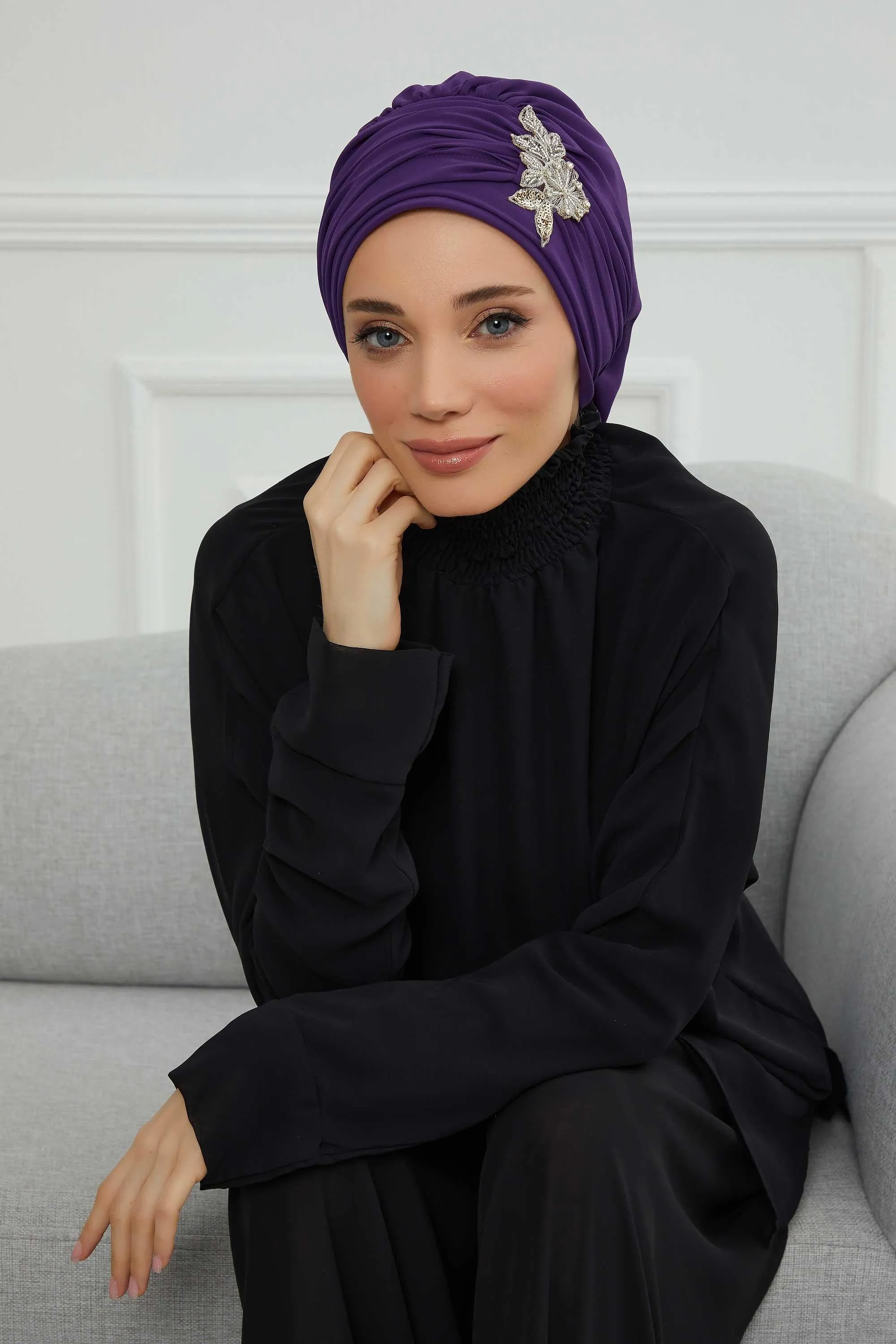 Side Frilled Instant Turban Cotton Scarf Head Turbans with Unique Jewellery Stone Accessory For Women Headwear Stylish Design,HT-105