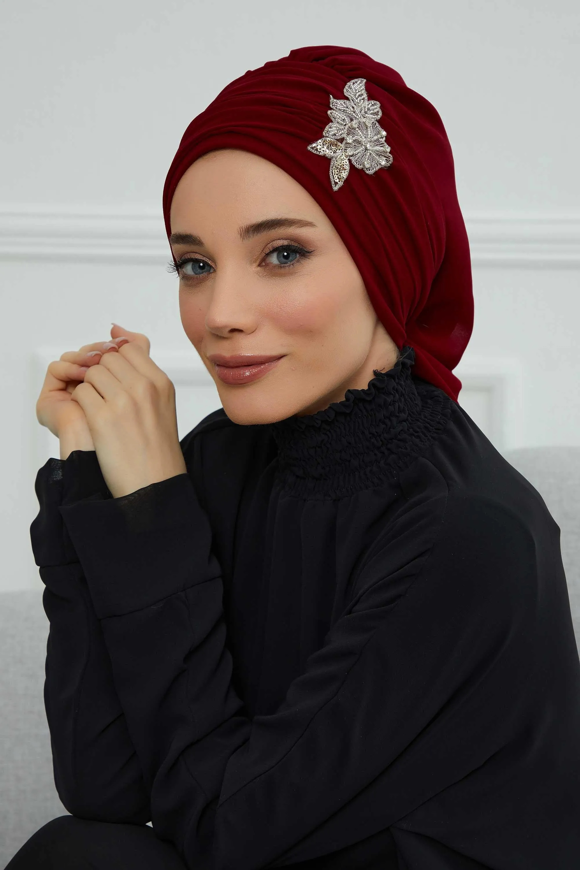 Side Frilled Instant Turban Cotton Scarf Head Turbans with Unique Jewellery Stone Accessory For Women Headwear Stylish Design,HT-105