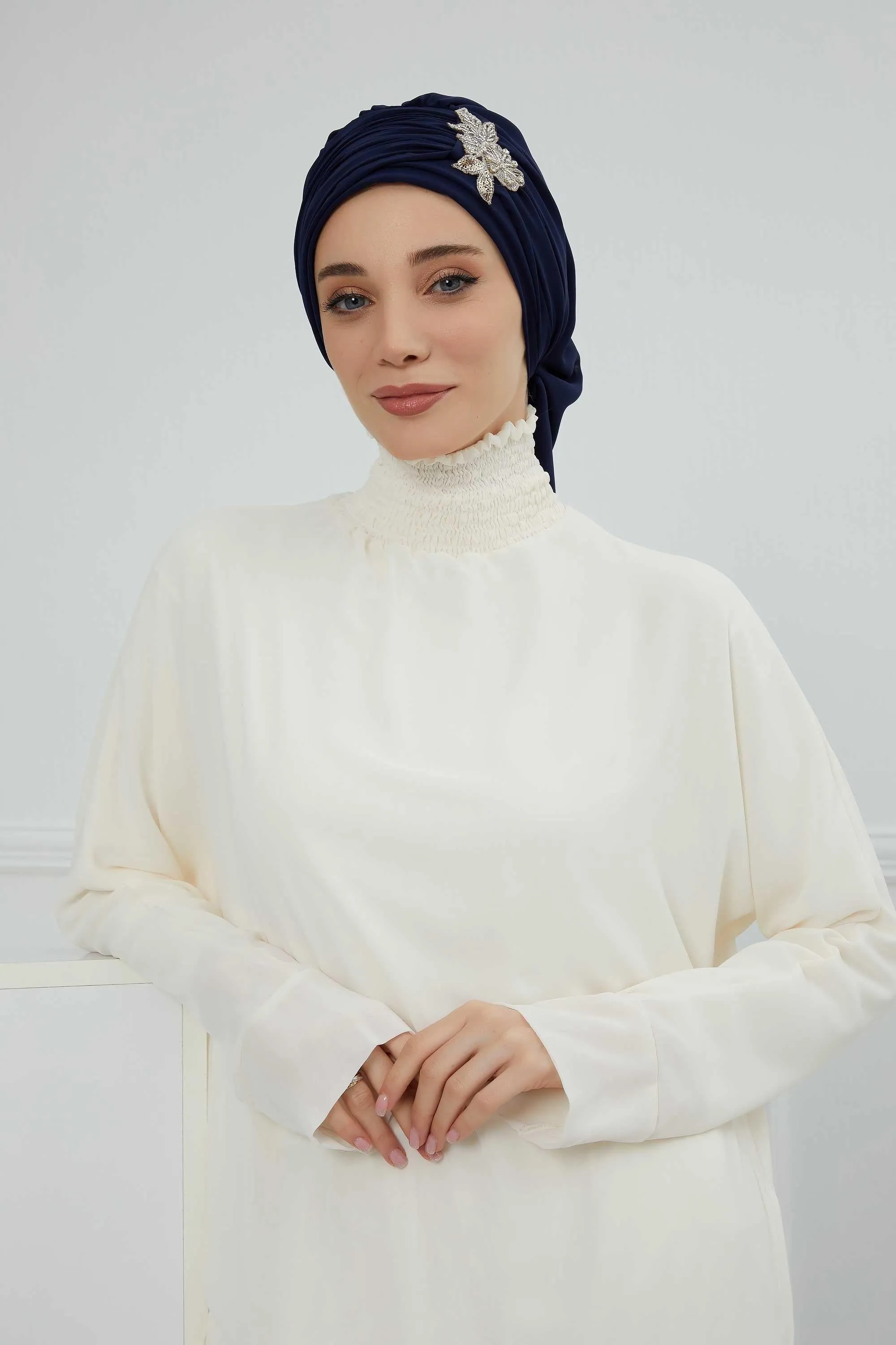 Side Frilled Instant Turban Cotton Scarf Head Turbans with Unique Jewellery Stone Accessory For Women Headwear Stylish Design,HT-105