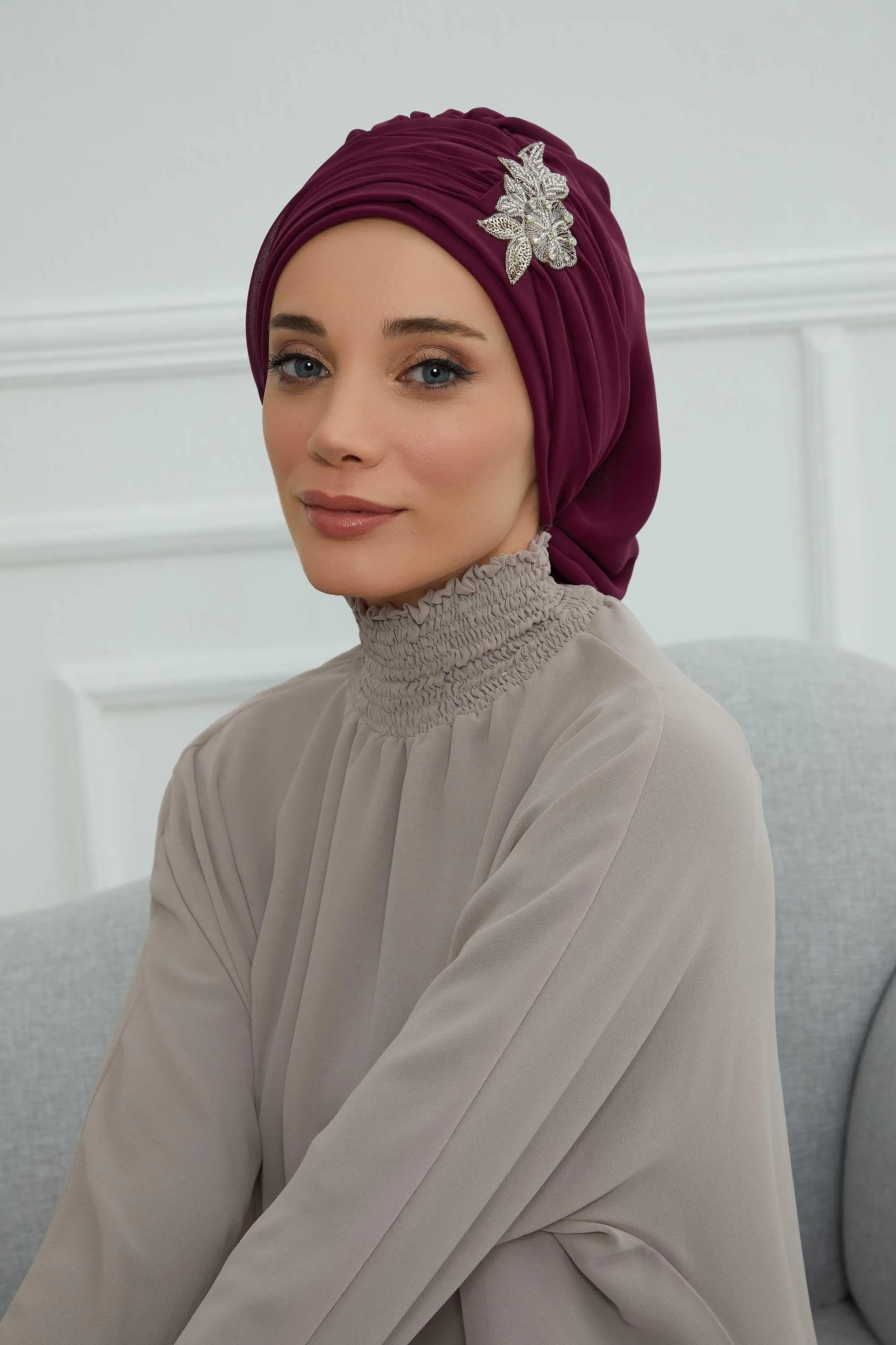 Side Frilled Instant Turban Cotton Scarf Head Turbans with Unique Jewellery Stone Accessory For Women Headwear Stylish Design,HT-105