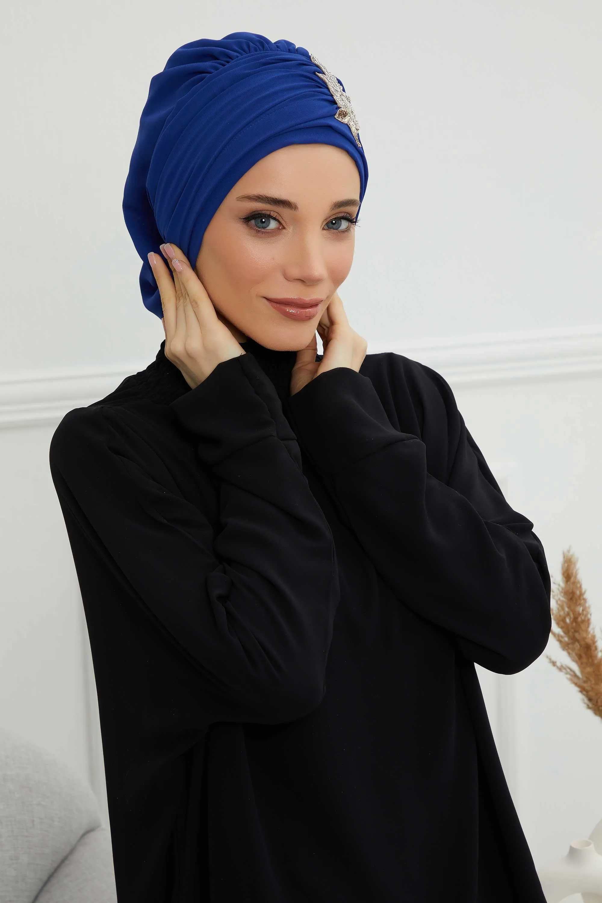 Side Frilled Instant Turban Cotton Scarf Head Turbans with Unique Jewellery Stone Accessory For Women Headwear Stylish Design,HT-105