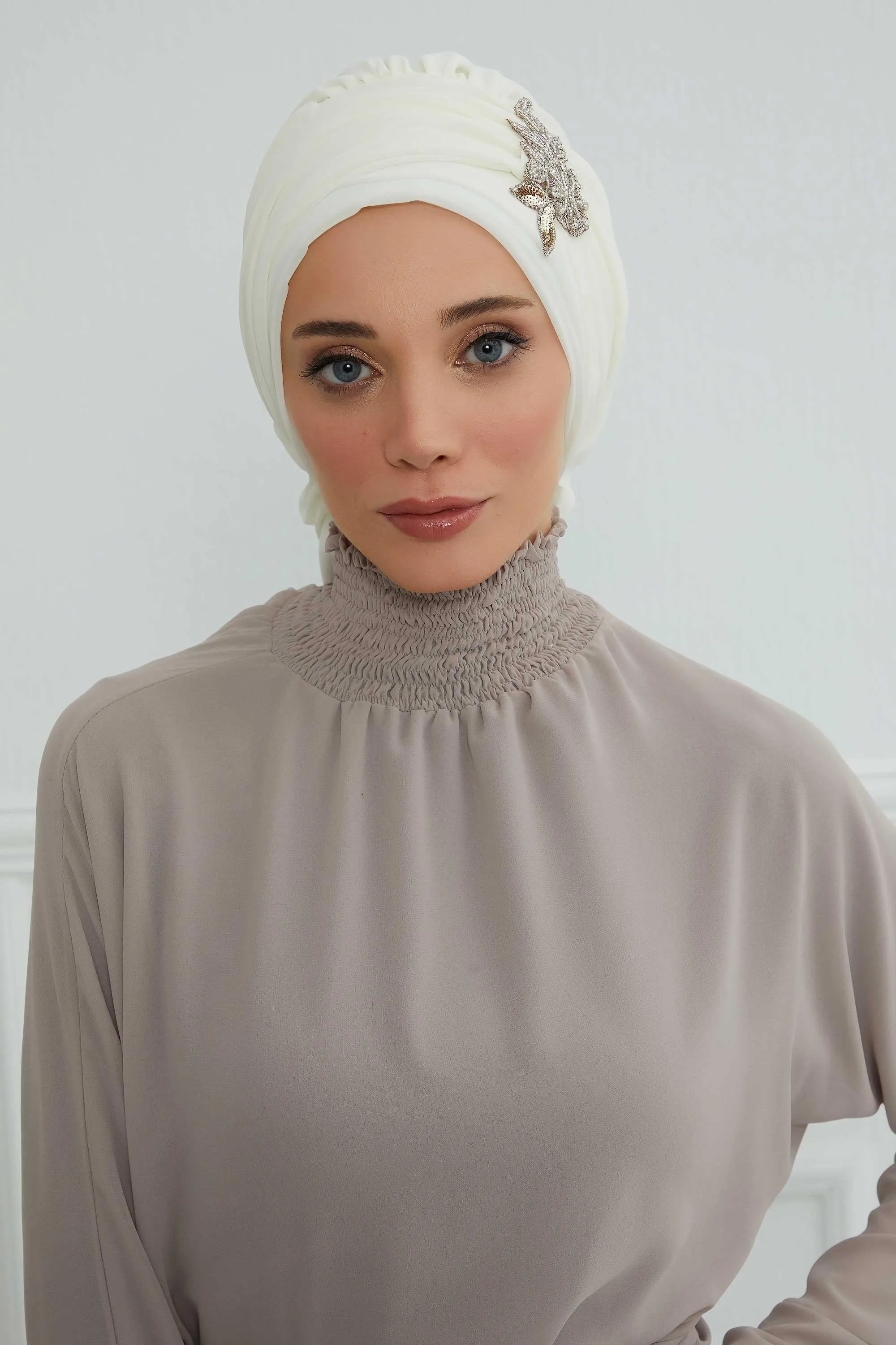 Side Frilled Instant Turban Cotton Scarf Head Turbans with Unique Jewellery Stone Accessory For Women Headwear Stylish Design,HT-105