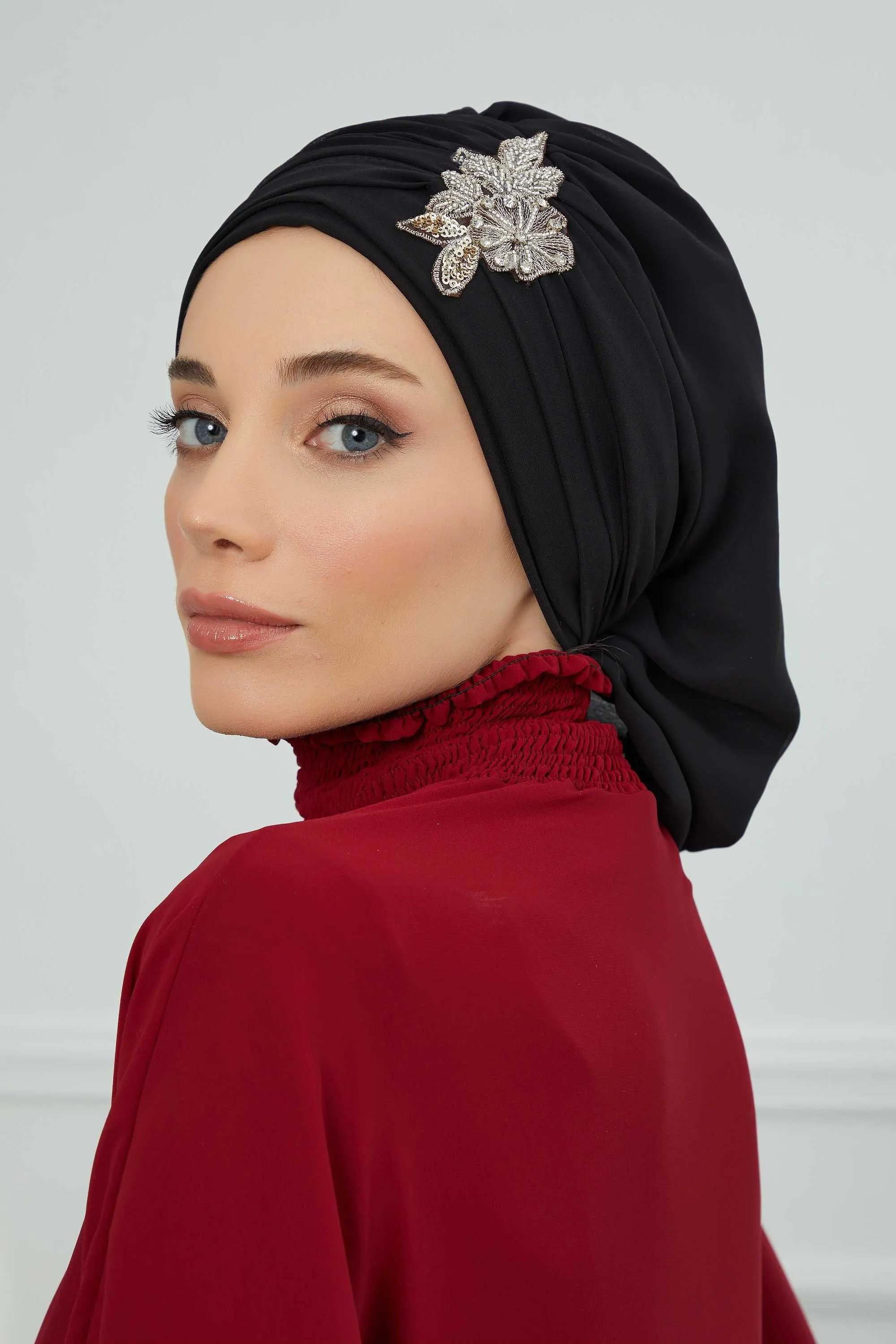 Side Frilled Instant Turban Cotton Scarf Head Turbans with Unique Jewellery Stone Accessory For Women Headwear Stylish Design,HT-105