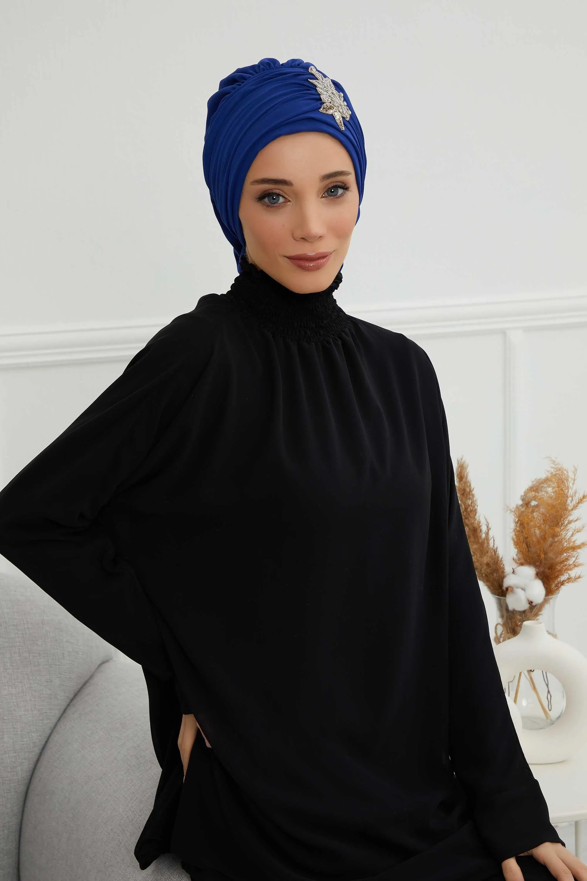 Side Frilled Instant Turban Cotton Scarf Head Turbans with Unique Jewellery Stone Accessory For Women Headwear Stylish Design,HT-105