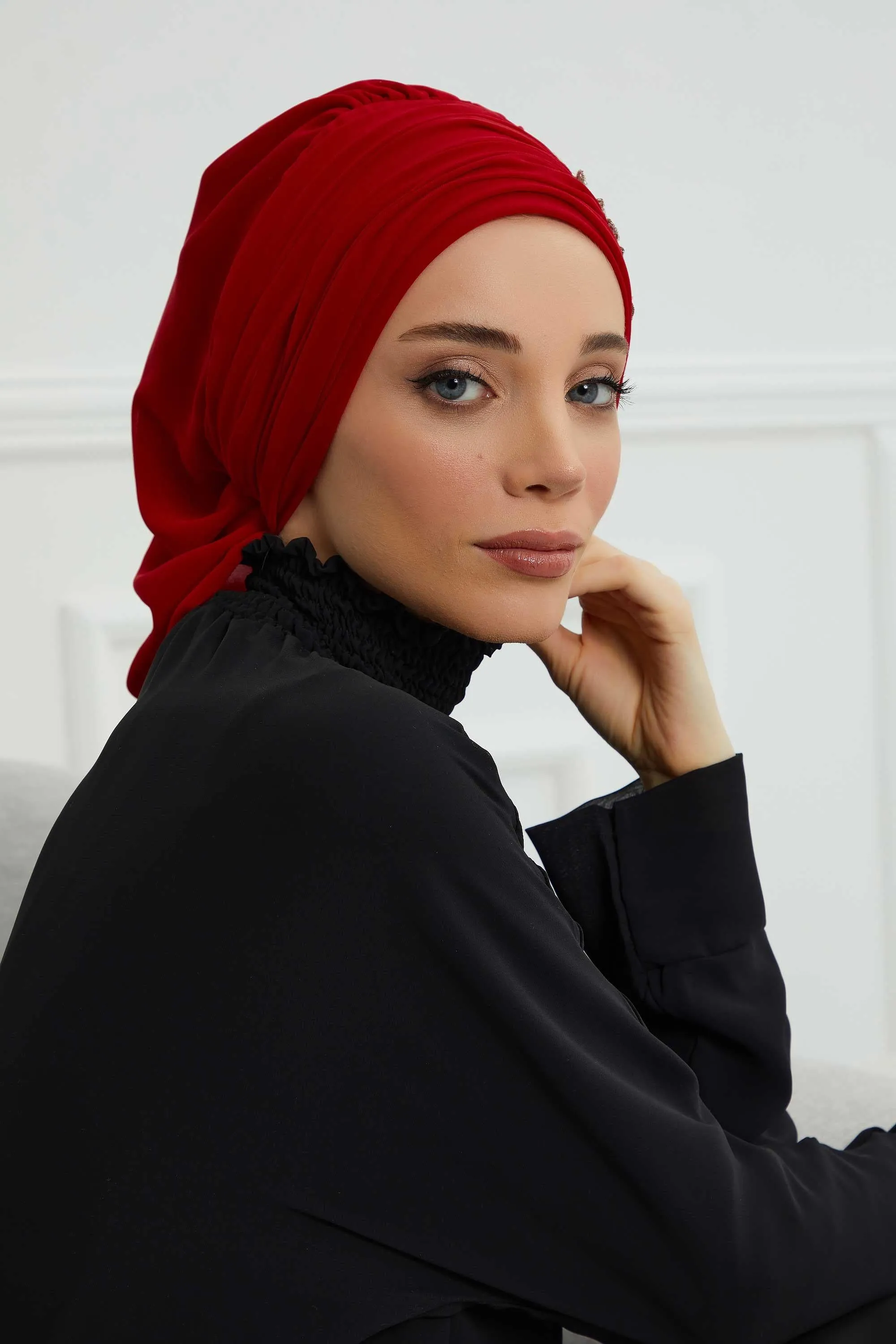 Side Frilled Instant Turban Cotton Scarf Head Turbans with Unique Jewellery Stone Accessory For Women Headwear Stylish Design,HT-105