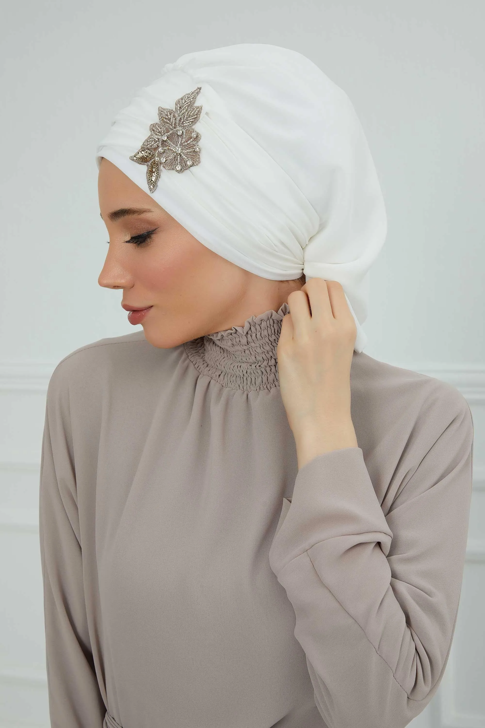 Side Frilled Instant Turban Cotton Scarf Head Turbans with Unique Jewellery Stone Accessory For Women Headwear Stylish Design,HT-105