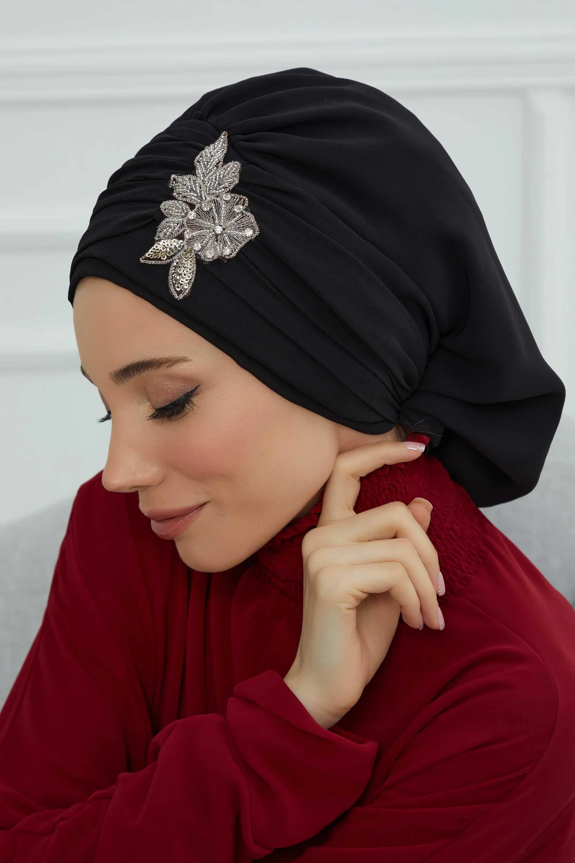 Side Frilled Instant Turban Cotton Scarf Head Turbans with Unique Jewellery Stone Accessory For Women Headwear Stylish Design,HT-105