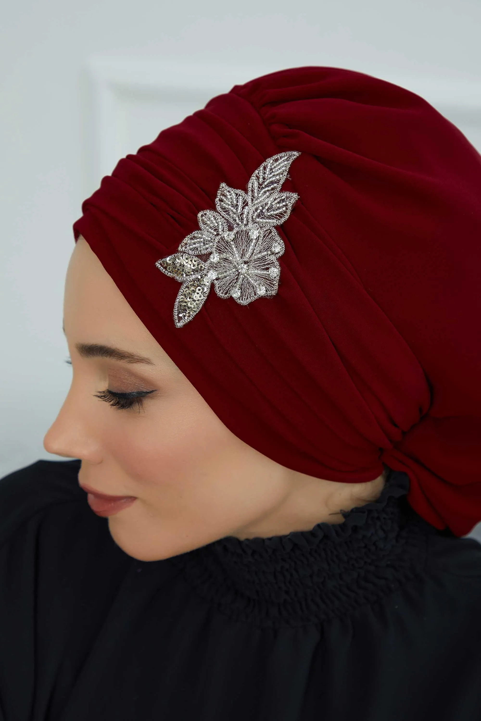 Side Frilled Instant Turban Cotton Scarf Head Turbans with Unique Jewellery Stone Accessory For Women Headwear Stylish Design,HT-105