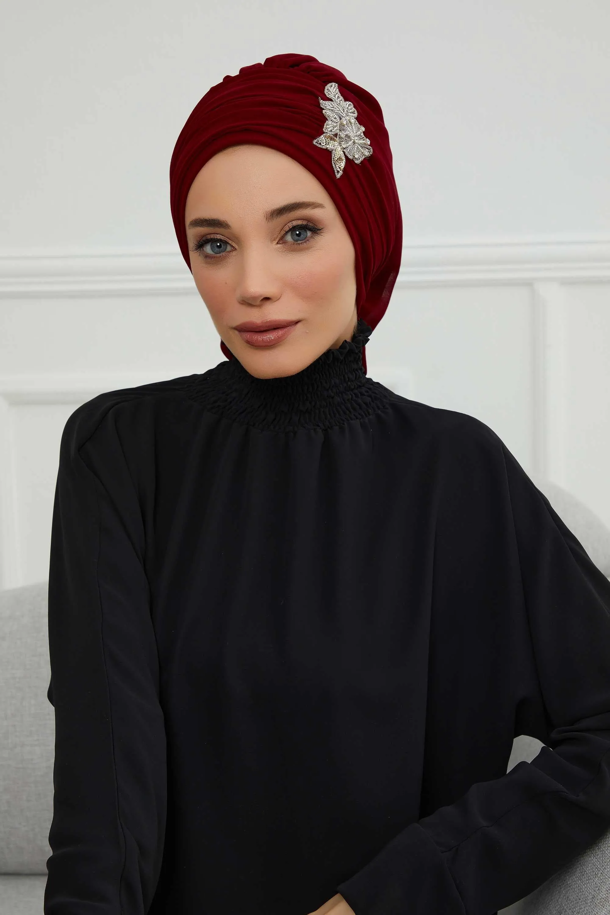 Side Frilled Instant Turban Cotton Scarf Head Turbans with Unique Jewellery Stone Accessory For Women Headwear Stylish Design,HT-105