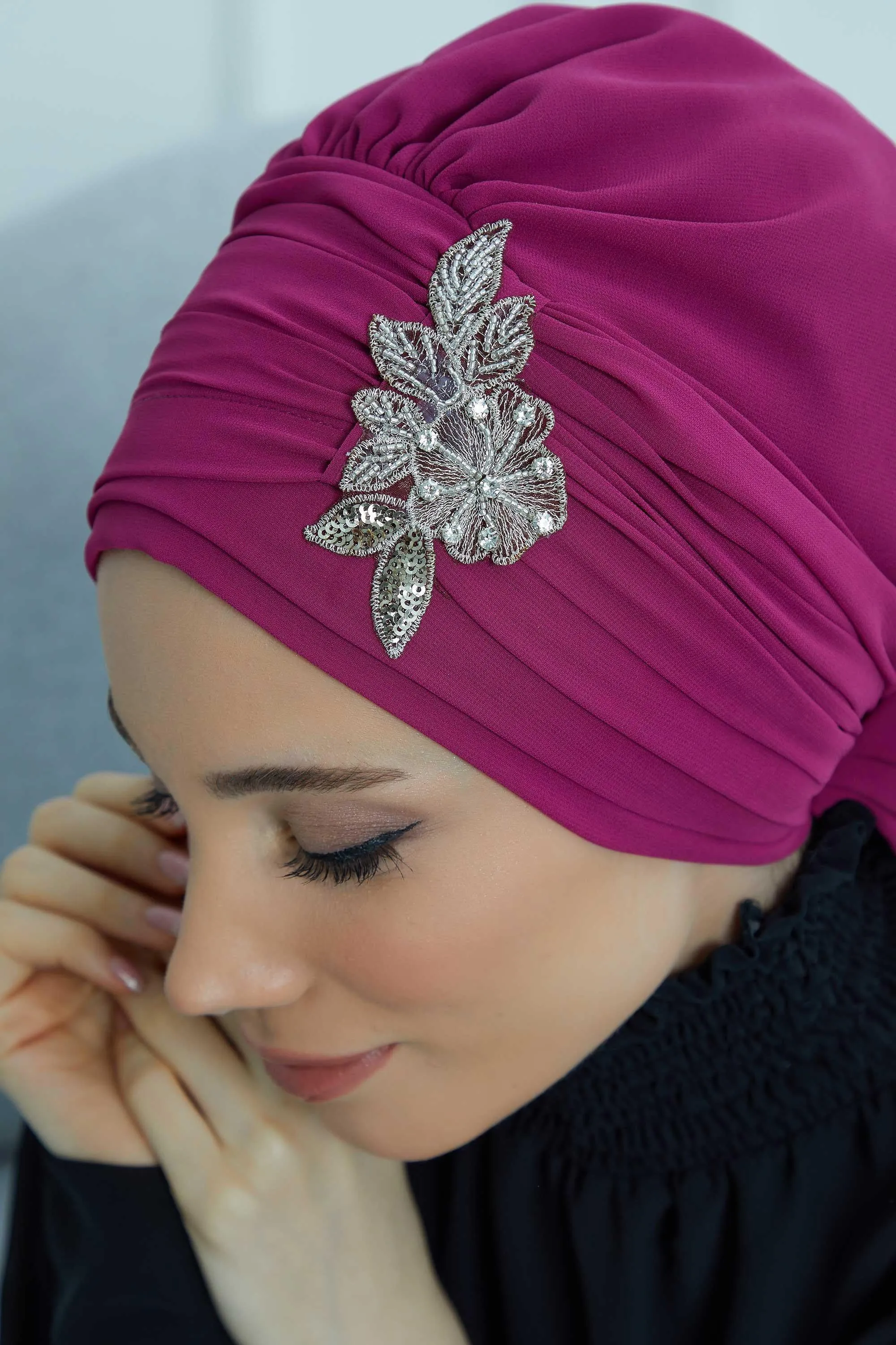 Side Frilled Instant Turban Cotton Scarf Head Turbans with Unique Jewellery Stone Accessory For Women Headwear Stylish Design,HT-105