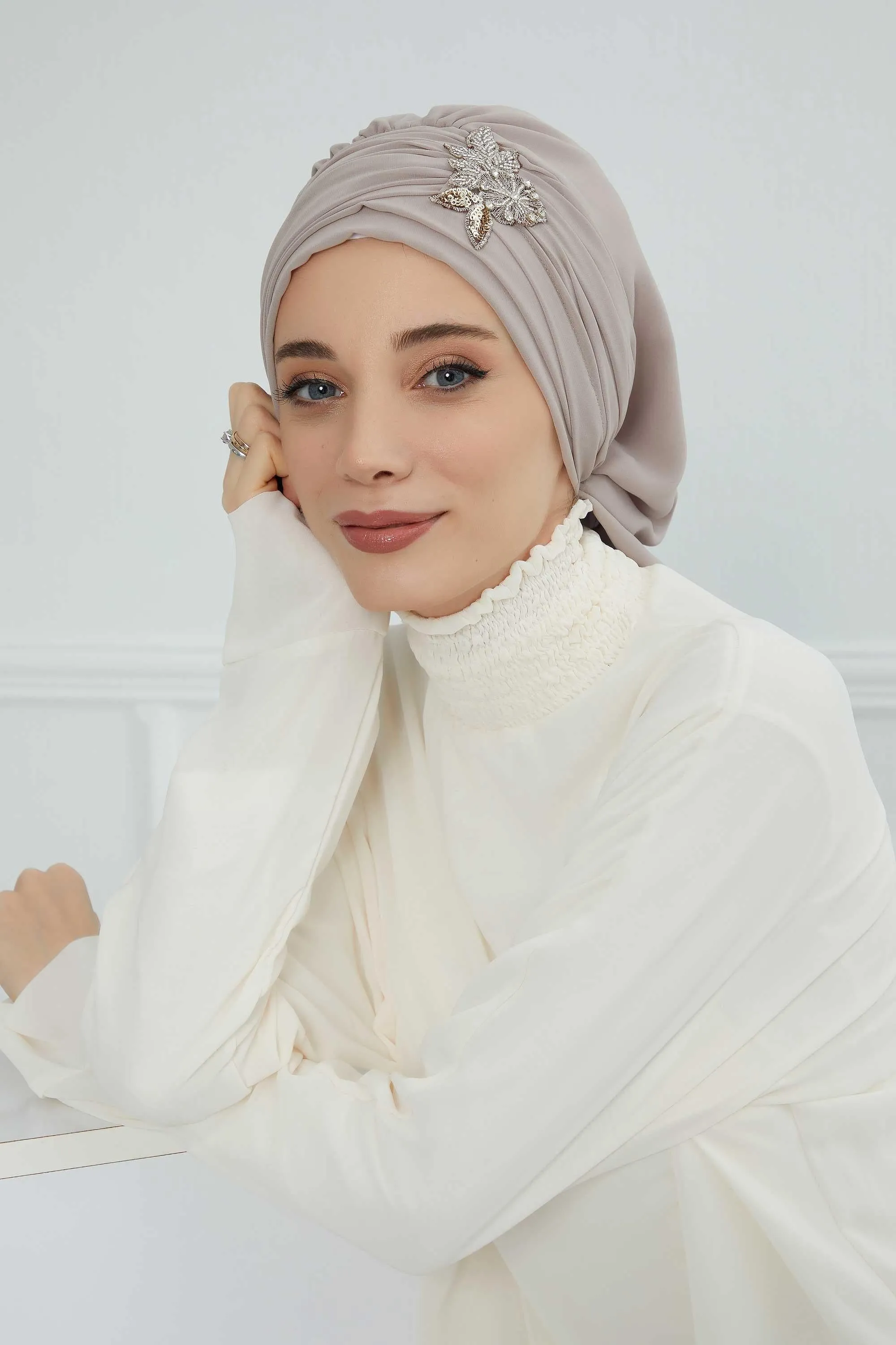 Side Frilled Instant Turban Cotton Scarf Head Turbans with Unique Jewellery Stone Accessory For Women Headwear Stylish Design,HT-105