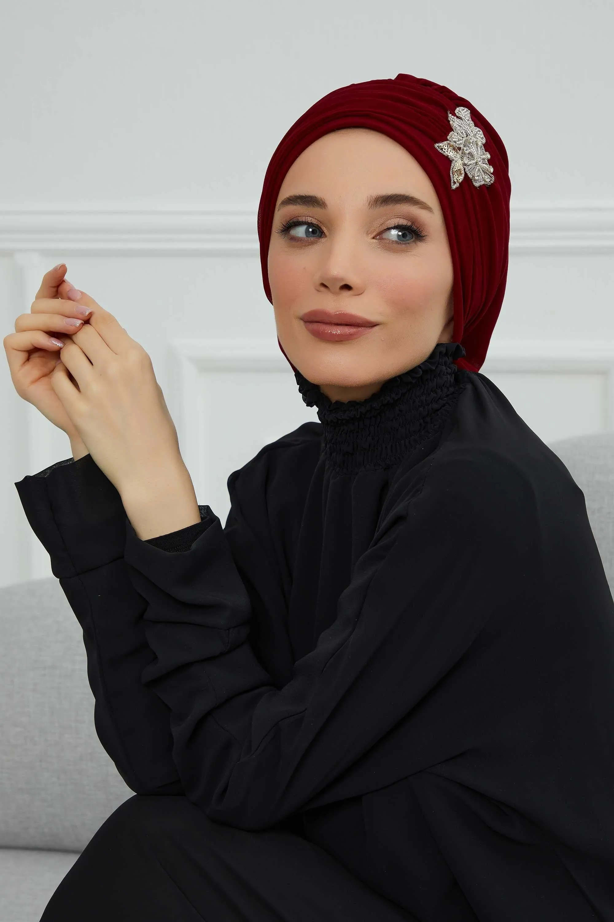 Side Frilled Instant Turban Cotton Scarf Head Turbans with Unique Jewellery Stone Accessory For Women Headwear Stylish Design,HT-105