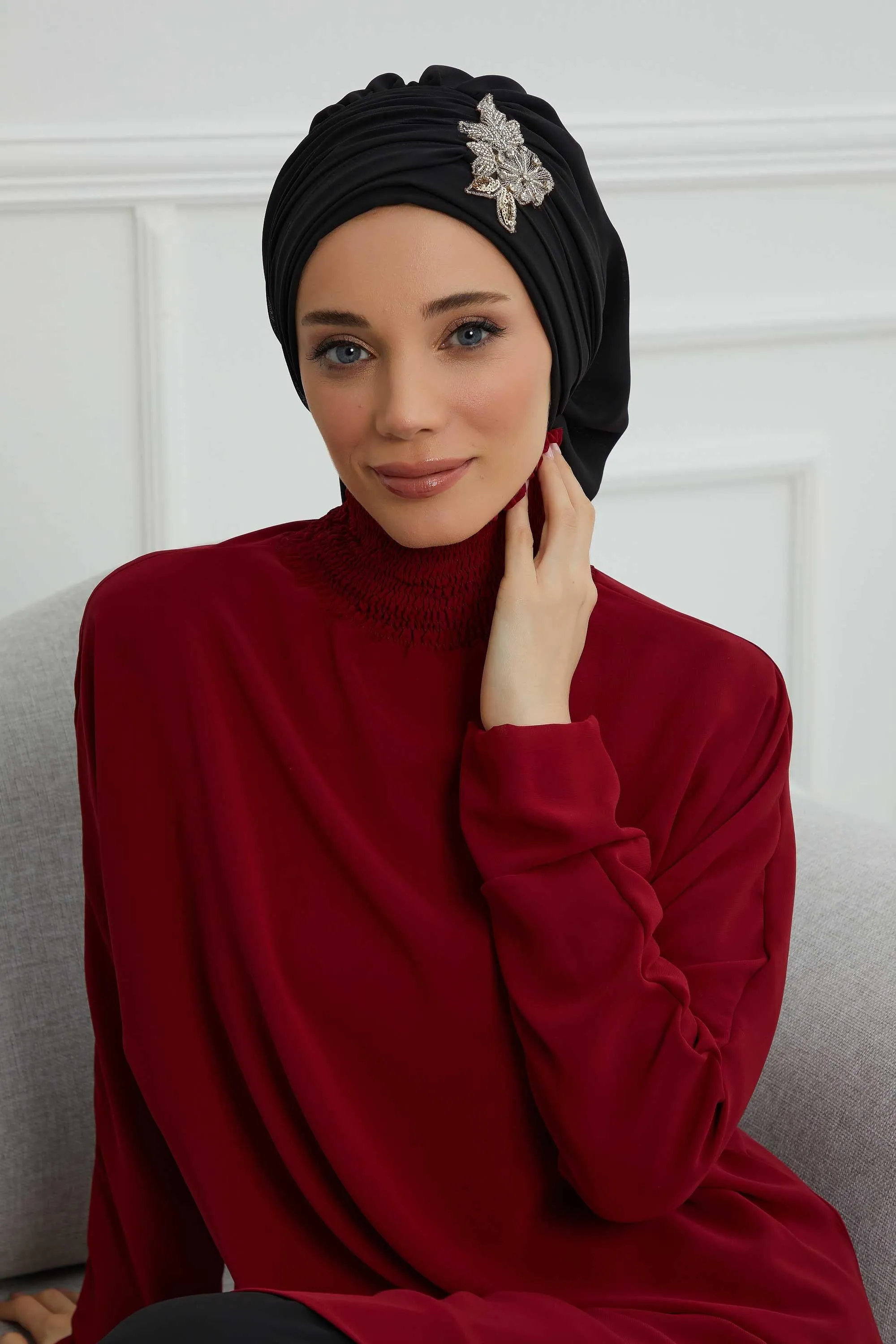 Side Frilled Instant Turban Cotton Scarf Head Turbans with Unique Jewellery Stone Accessory For Women Headwear Stylish Design,HT-105