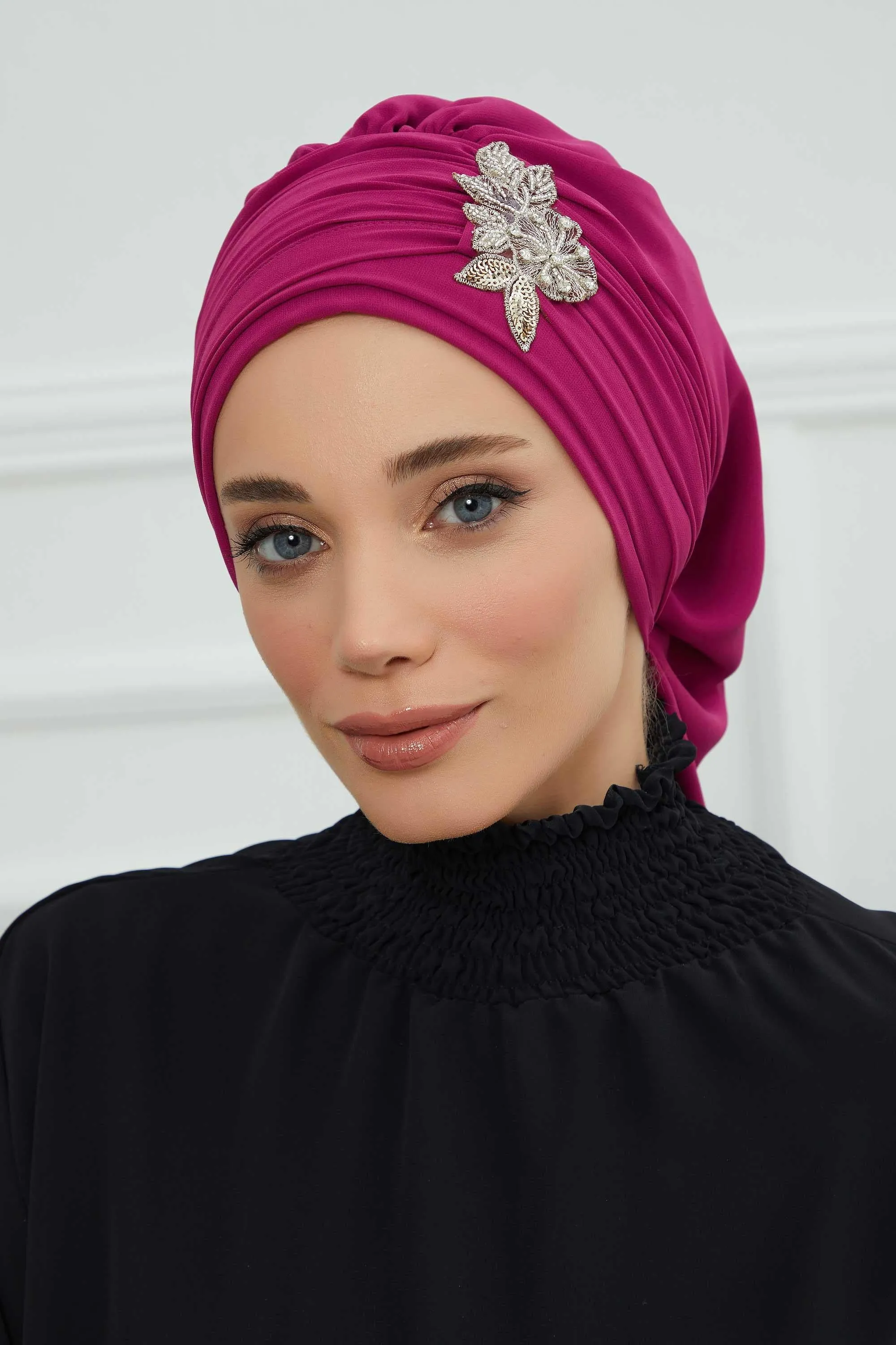 Side Frilled Instant Turban Cotton Scarf Head Turbans with Unique Jewellery Stone Accessory For Women Headwear Stylish Design,HT-105