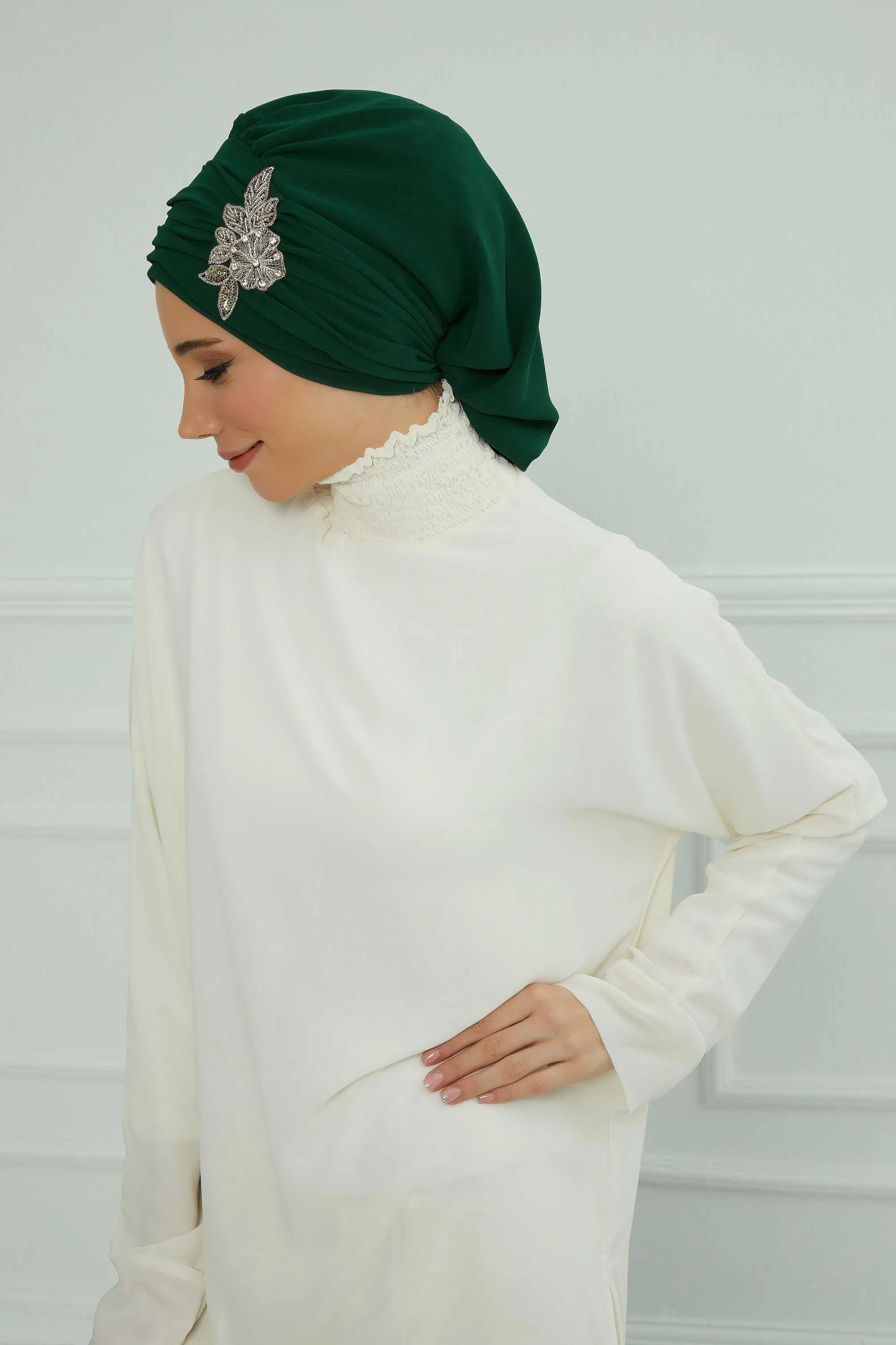 Side Frilled Instant Turban Cotton Scarf Head Turbans with Unique Jewellery Stone Accessory For Women Headwear Stylish Design,HT-105