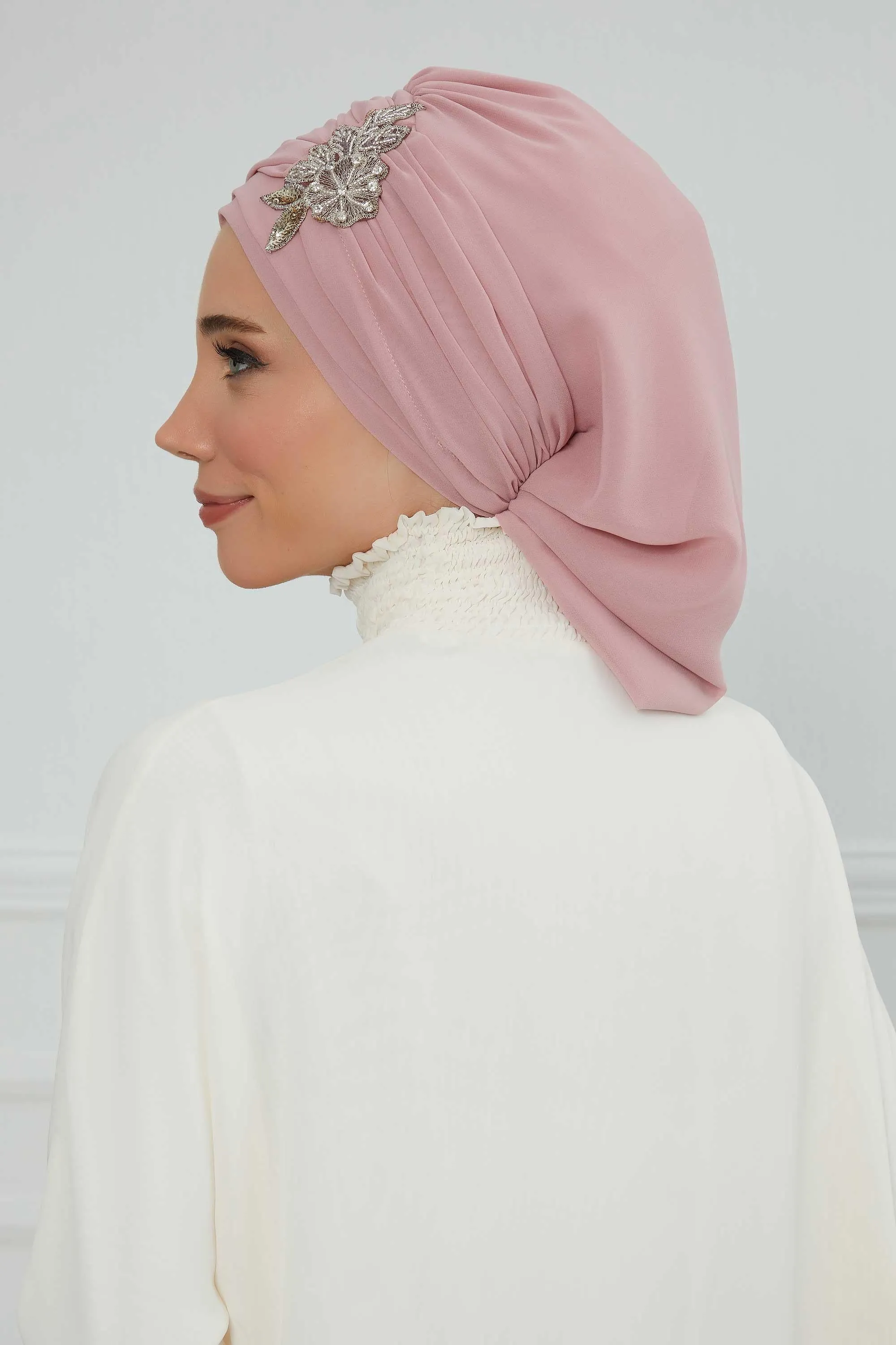 Side Frilled Instant Turban Cotton Scarf Head Turbans with Unique Jewellery Stone Accessory For Women Headwear Stylish Design,HT-105