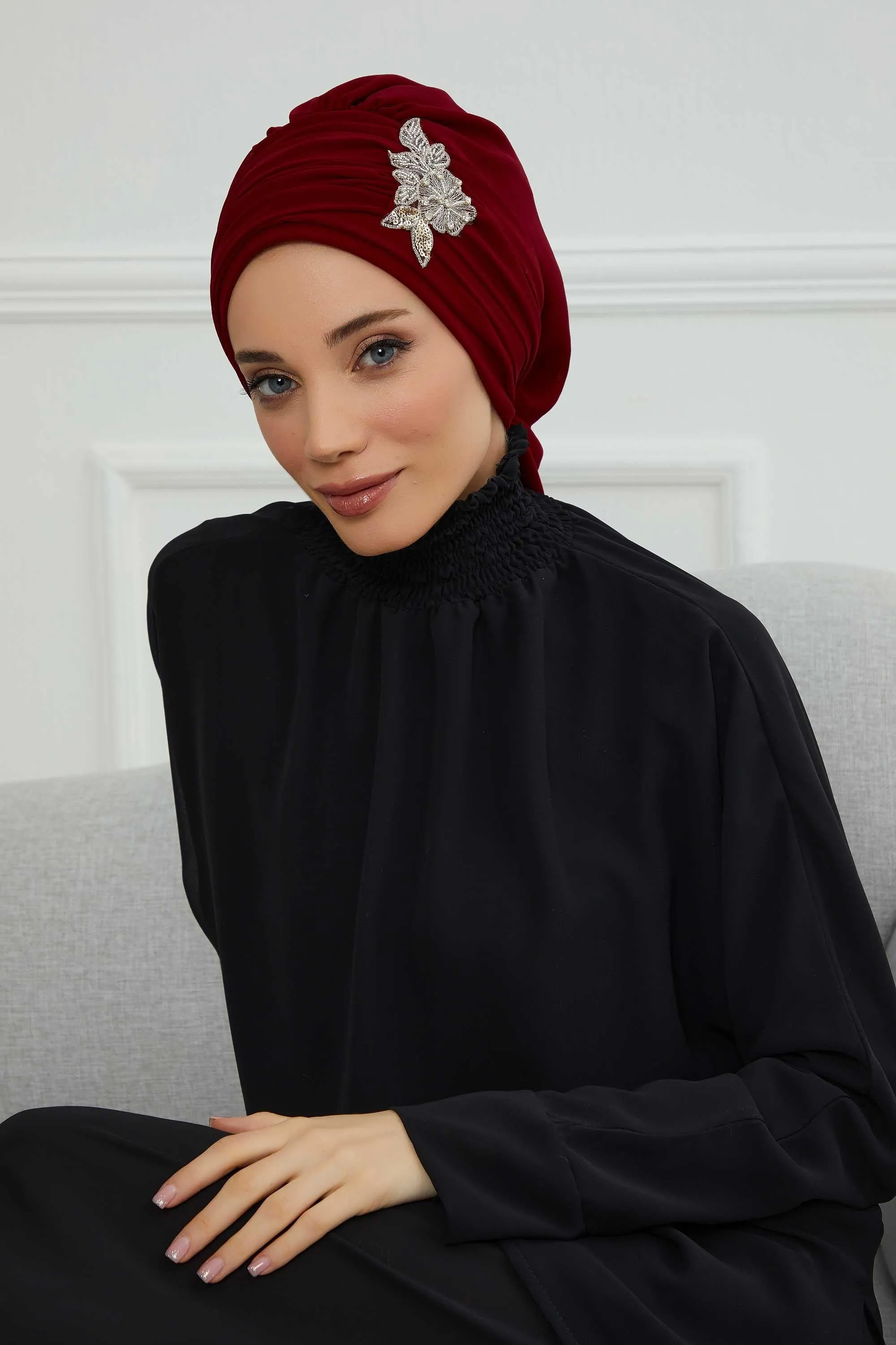 Side Frilled Instant Turban Cotton Scarf Head Turbans with Unique Jewellery Stone Accessory For Women Headwear Stylish Design,HT-105