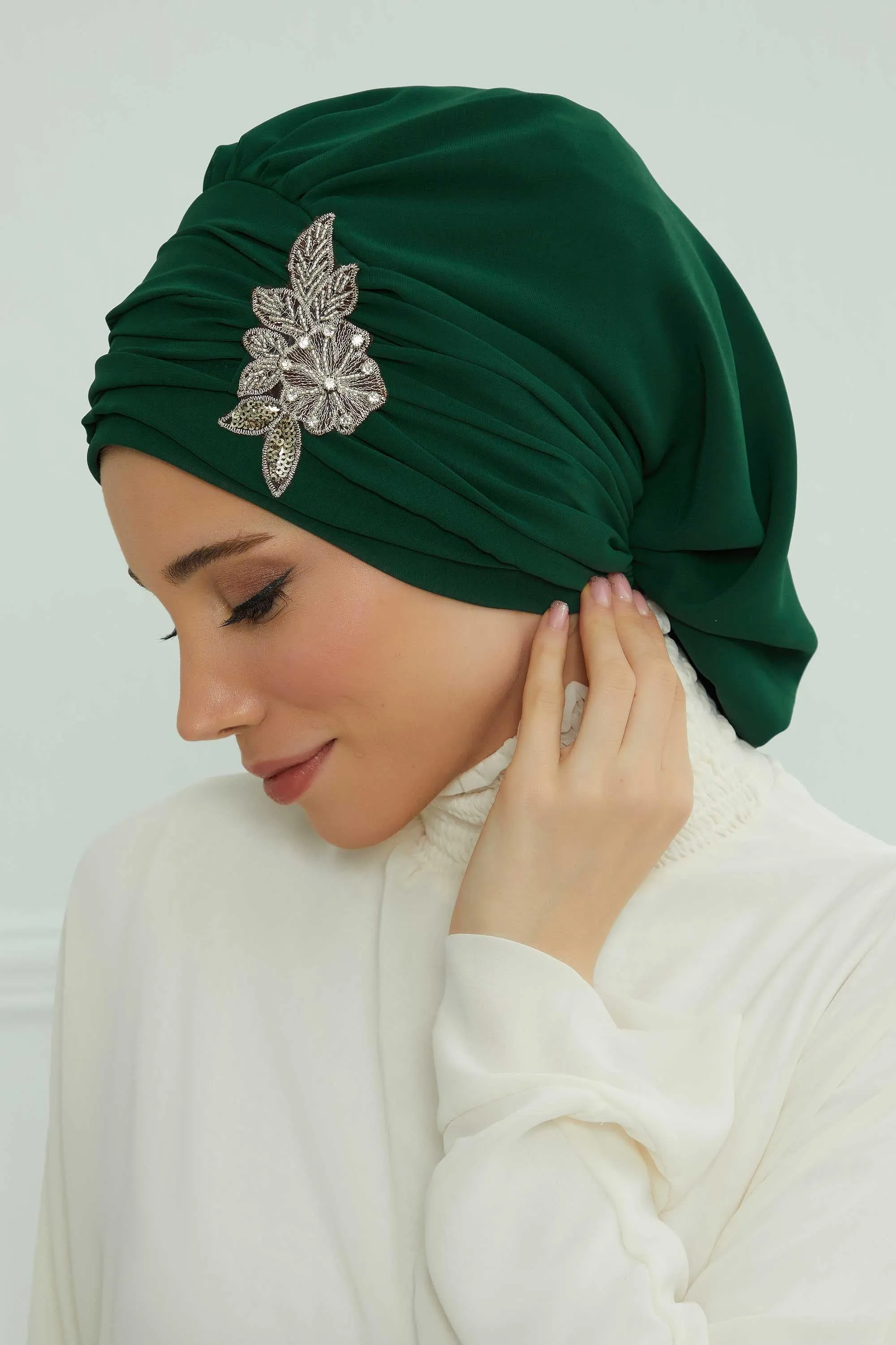 Side Frilled Instant Turban Cotton Scarf Head Turbans with Unique Jewellery Stone Accessory For Women Headwear Stylish Design,HT-105