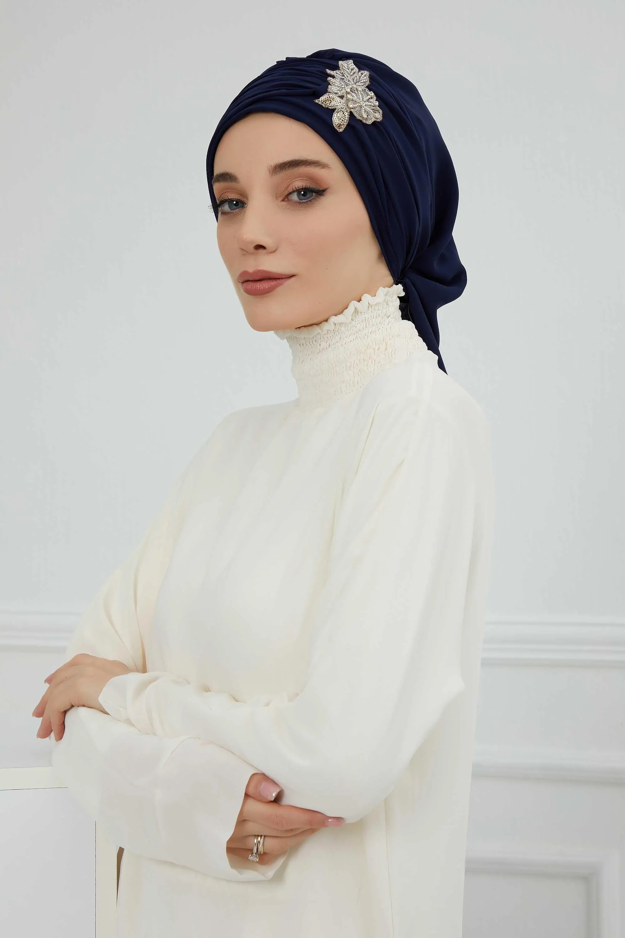 Side Frilled Instant Turban Cotton Scarf Head Turbans with Unique Jewellery Stone Accessory For Women Headwear Stylish Design,HT-105