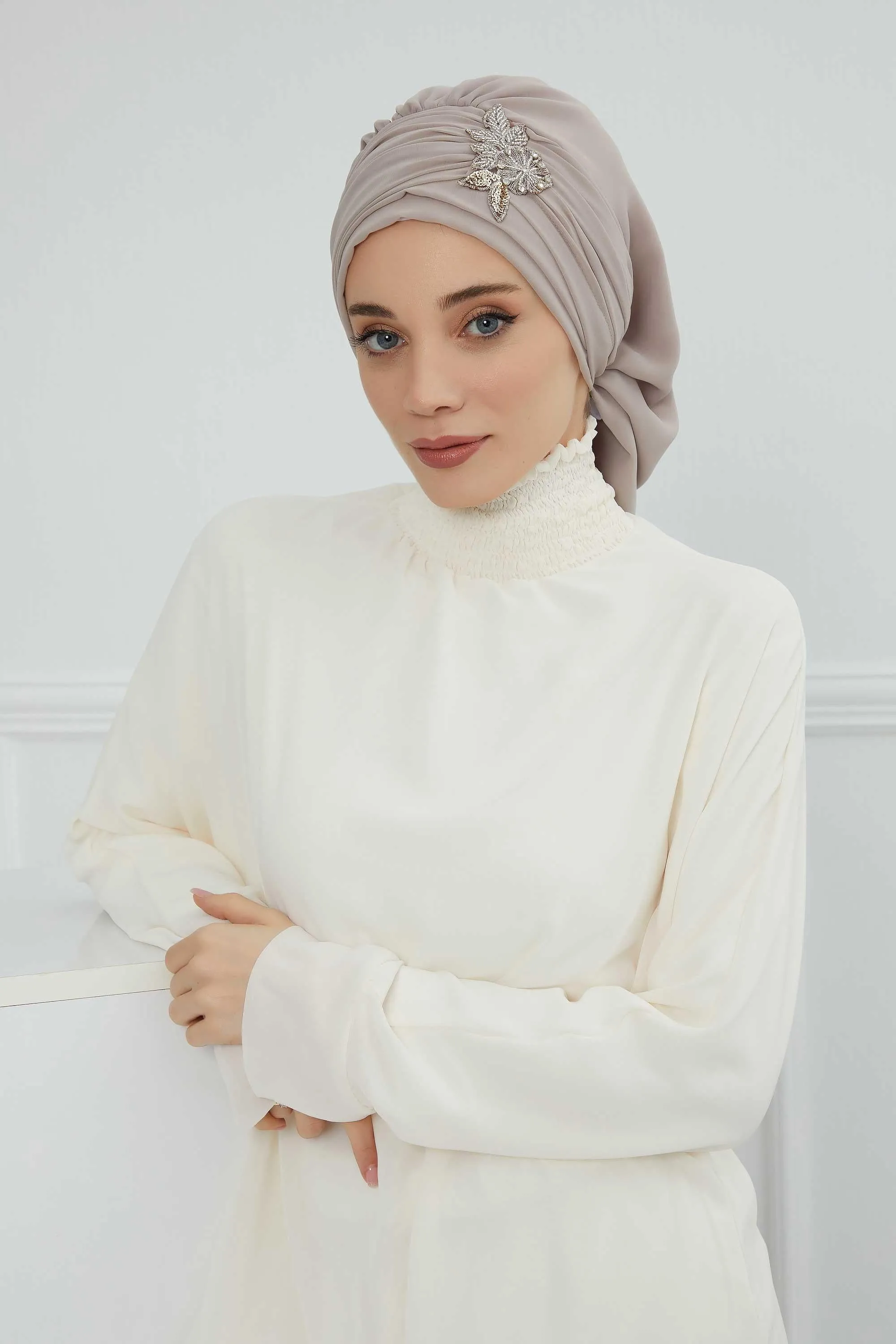 Side Frilled Instant Turban Cotton Scarf Head Turbans with Unique Jewellery Stone Accessory For Women Headwear Stylish Design,HT-105