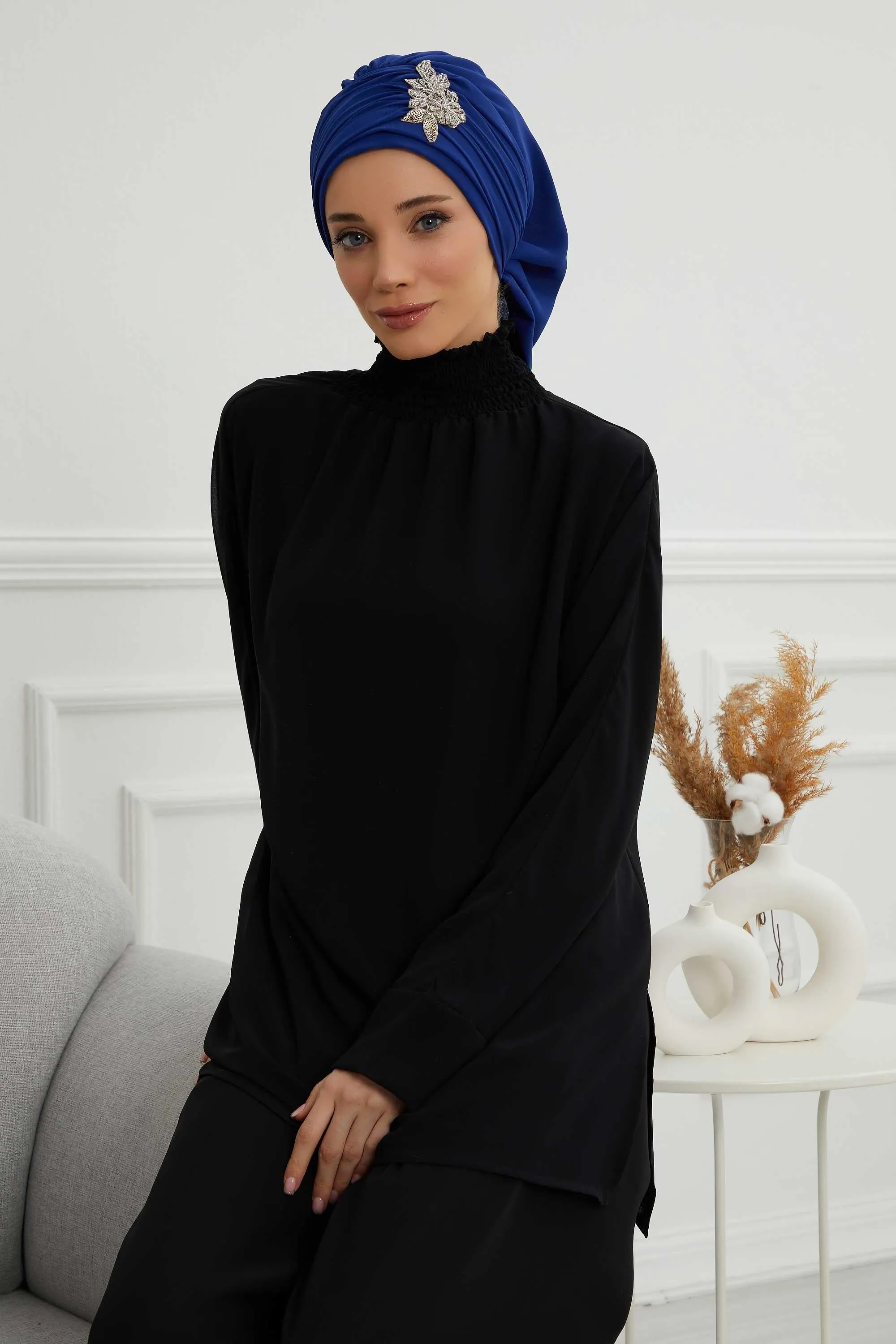 Side Frilled Instant Turban Cotton Scarf Head Turbans with Unique Jewellery Stone Accessory For Women Headwear Stylish Design,HT-105