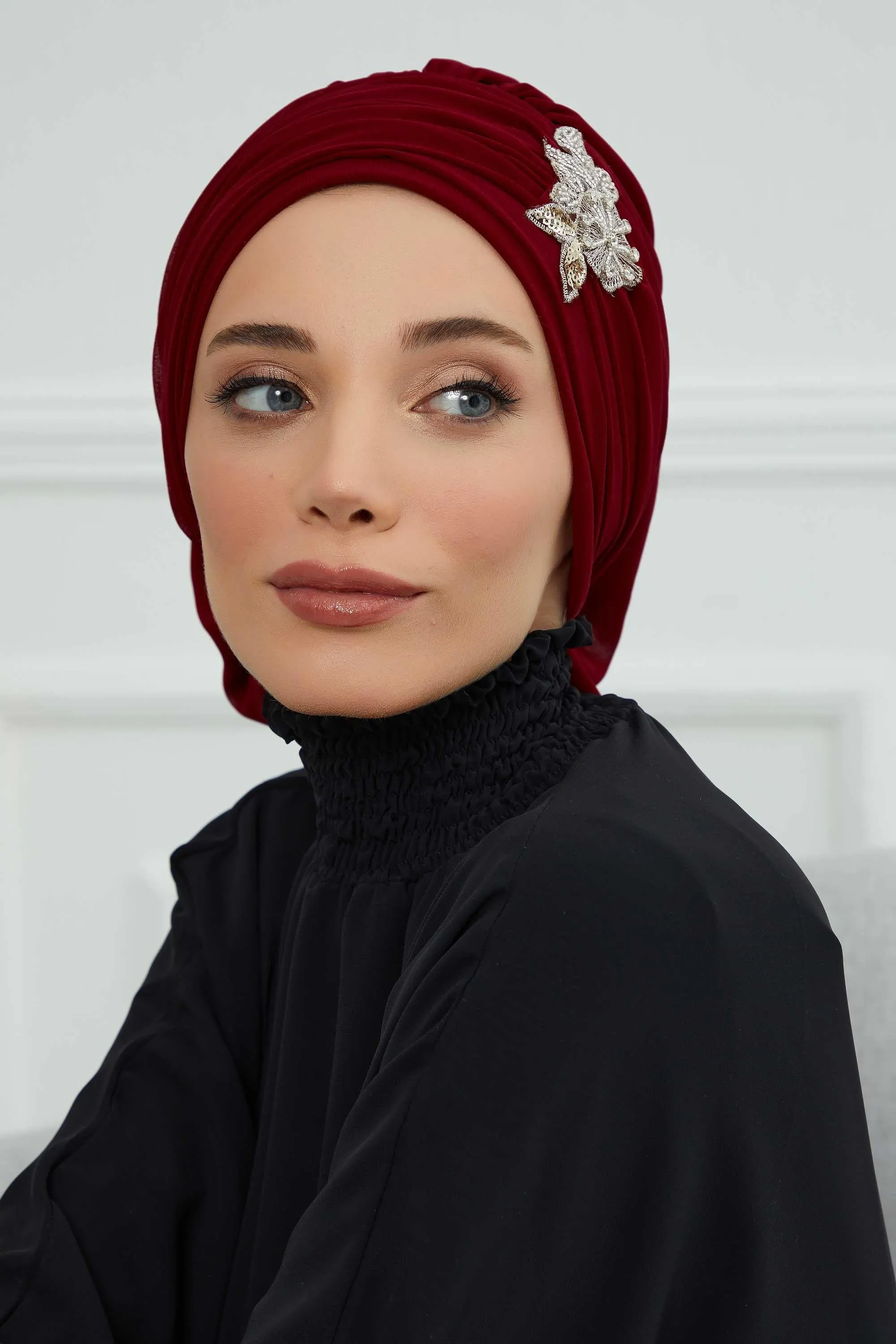 Side Frilled Instant Turban Cotton Scarf Head Turbans with Unique Jewellery Stone Accessory For Women Headwear Stylish Design,HT-105