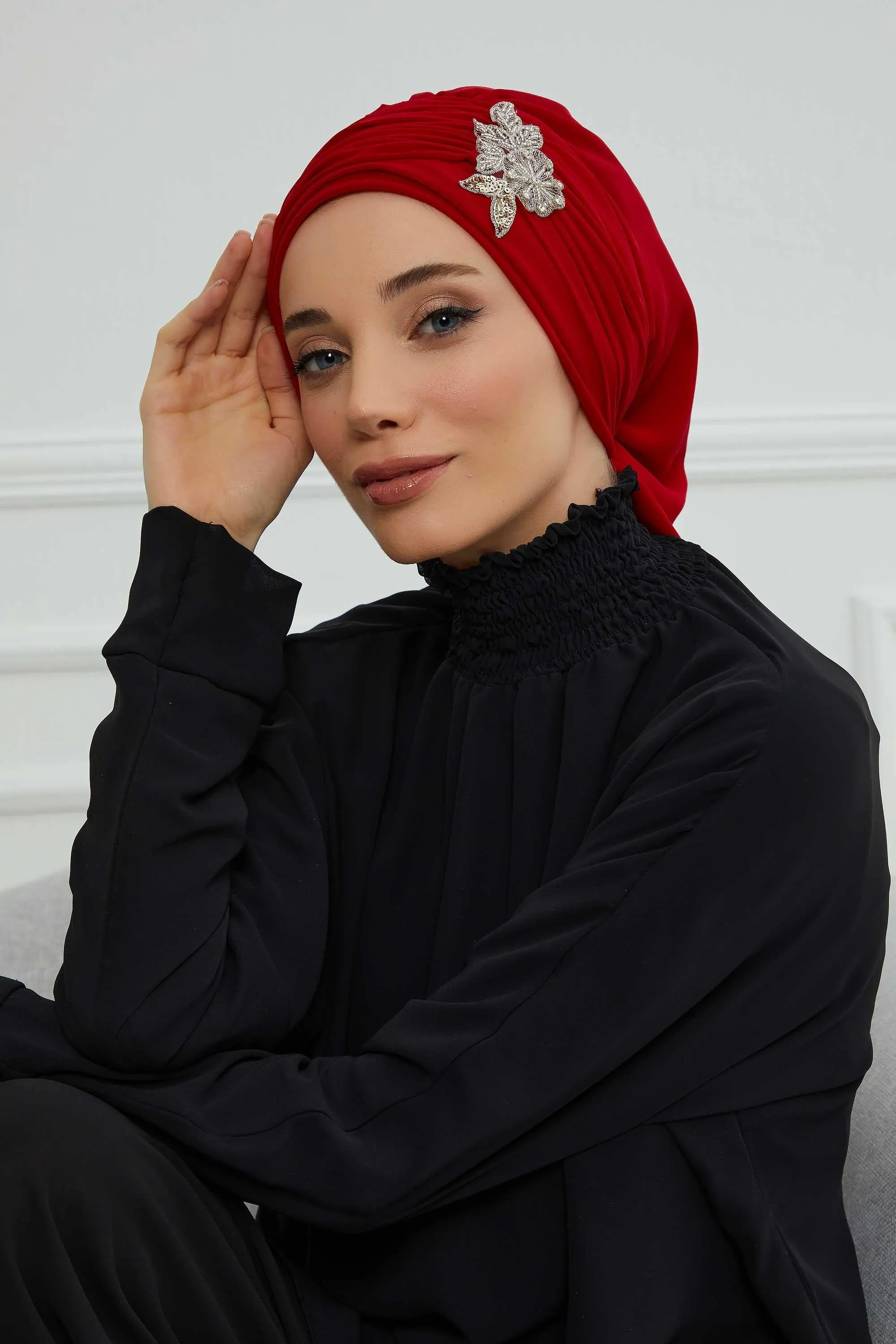 Side Frilled Instant Turban Cotton Scarf Head Turbans with Unique Jewellery Stone Accessory For Women Headwear Stylish Design,HT-105