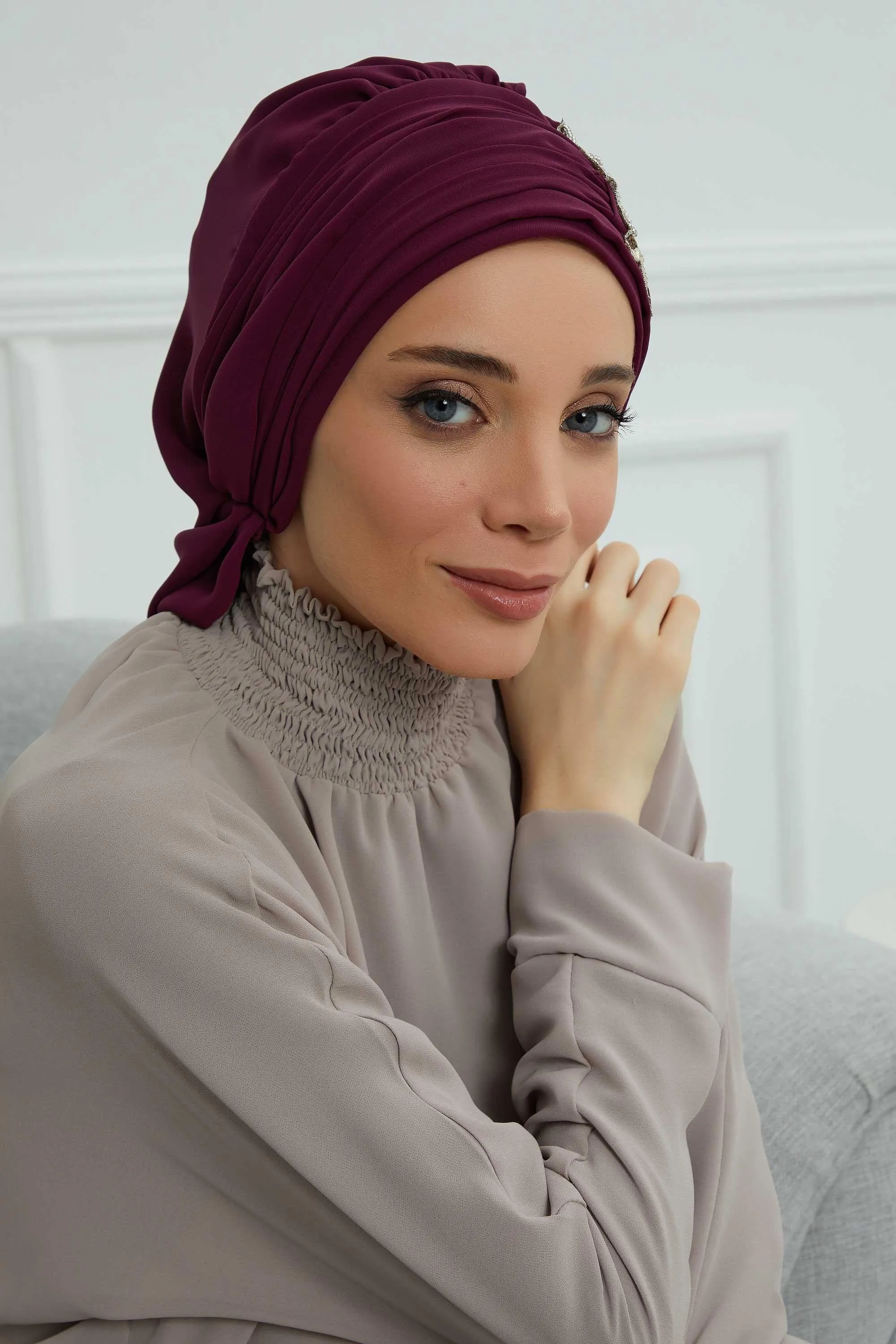 Side Frilled Instant Turban Cotton Scarf Head Turbans with Unique Jewellery Stone Accessory For Women Headwear Stylish Design,HT-105