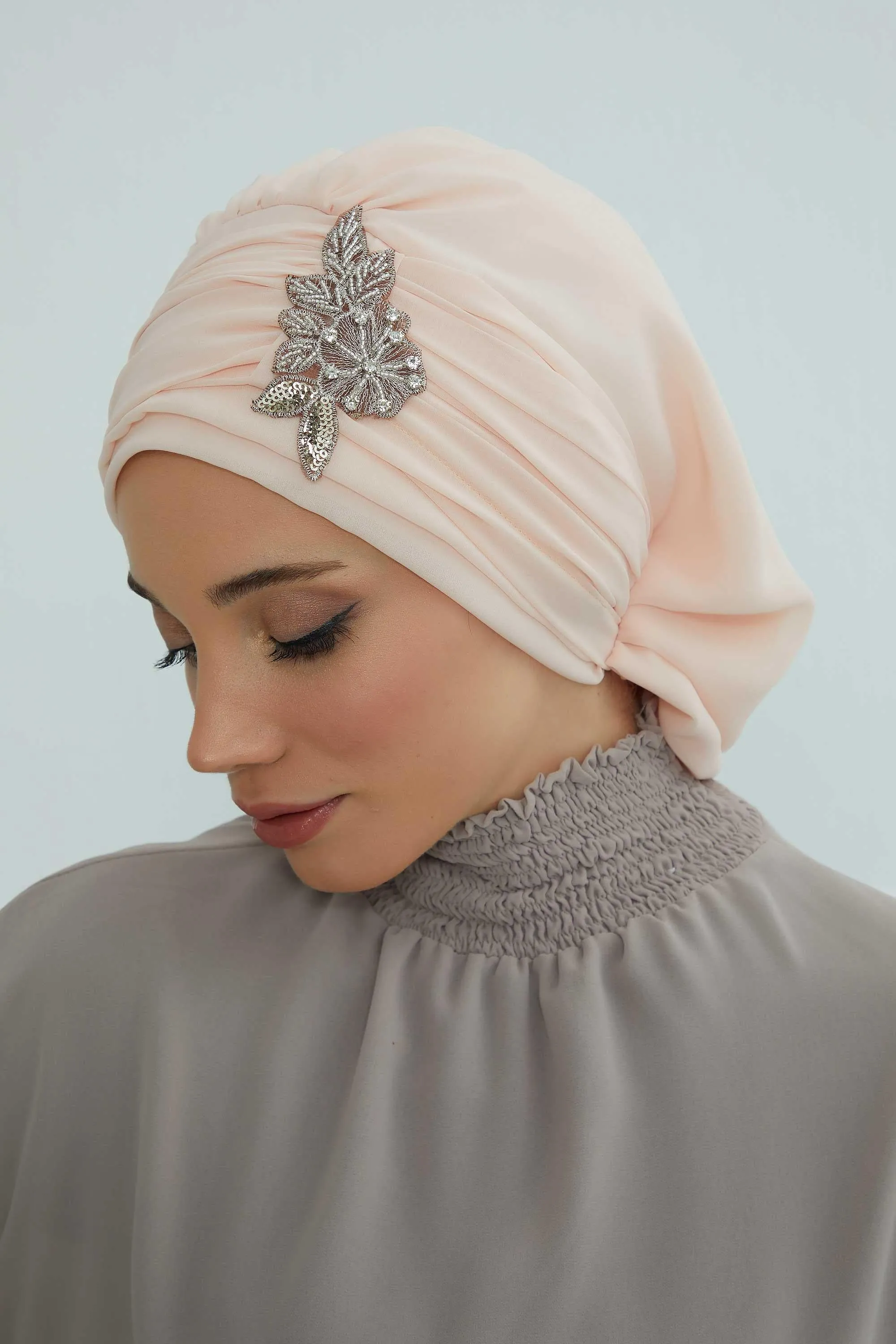 Side Frilled Instant Turban Cotton Scarf Head Turbans with Unique Jewellery Stone Accessory For Women Headwear Stylish Design,HT-105