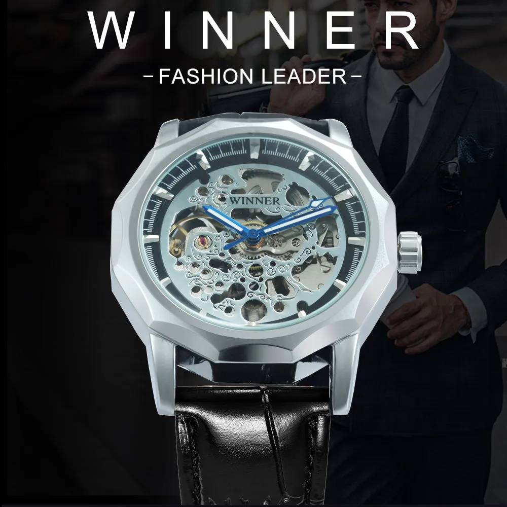 WINNER Business Irregular Skeleton Automatic Mechanical Watch for Men Leather Strap Luminous Hands Unisex Watches