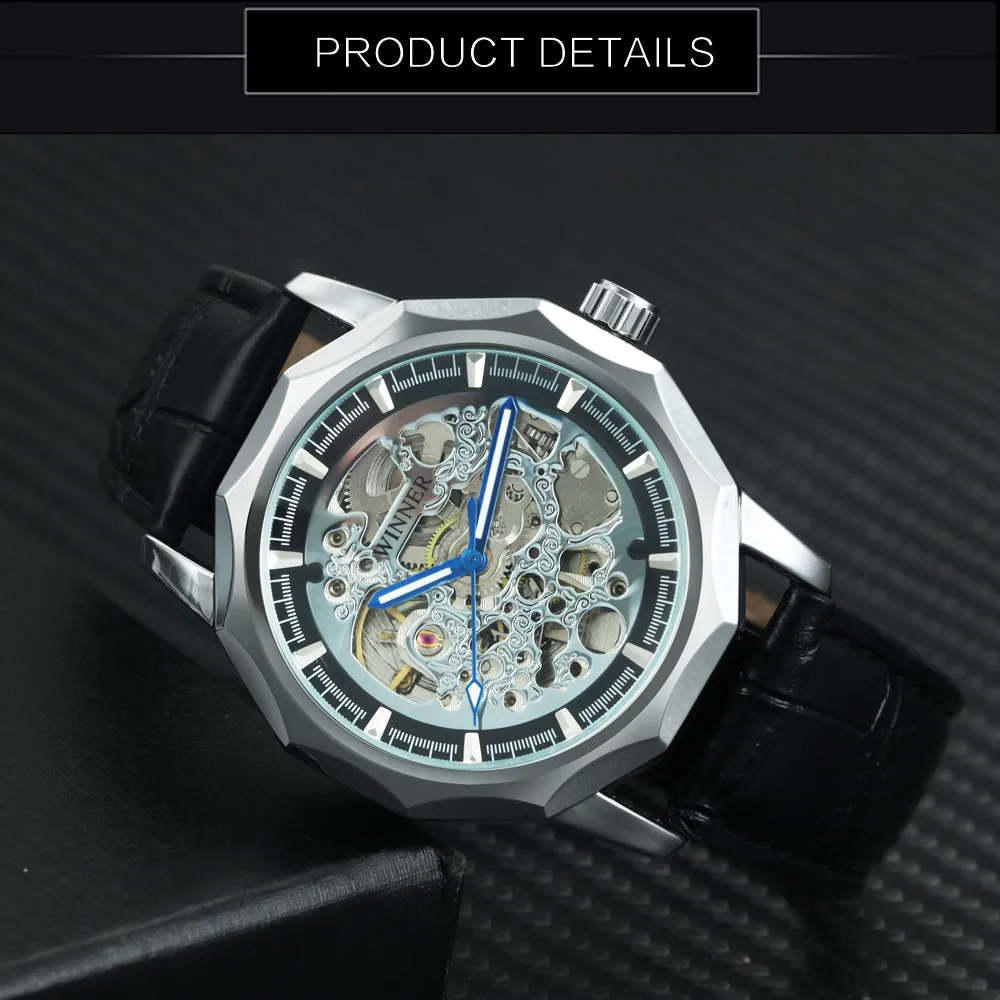 WINNER Business Irregular Skeleton Automatic Mechanical Watch for Men Leather Strap Luminous Hands Unisex Watches