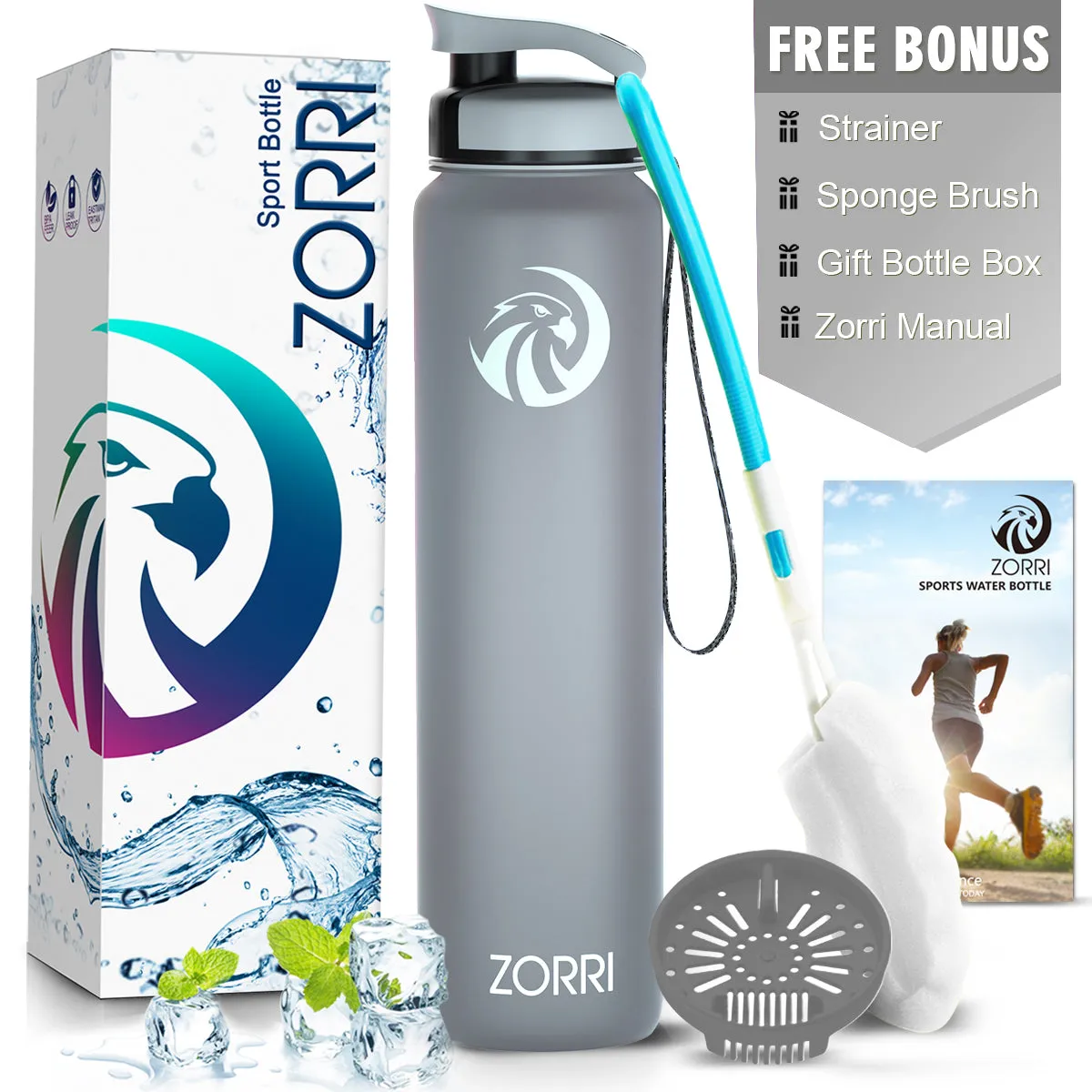 ZORRI 28 oz Water Bottle with Sponge Cleaning Brush & Strainer, Leakproof BPA & Toxic Free，Lightweight Drinking Water Bottles with Nylon Carrying Strap, Ensure You Drink Enough Water for Fitness Gym Outdoor