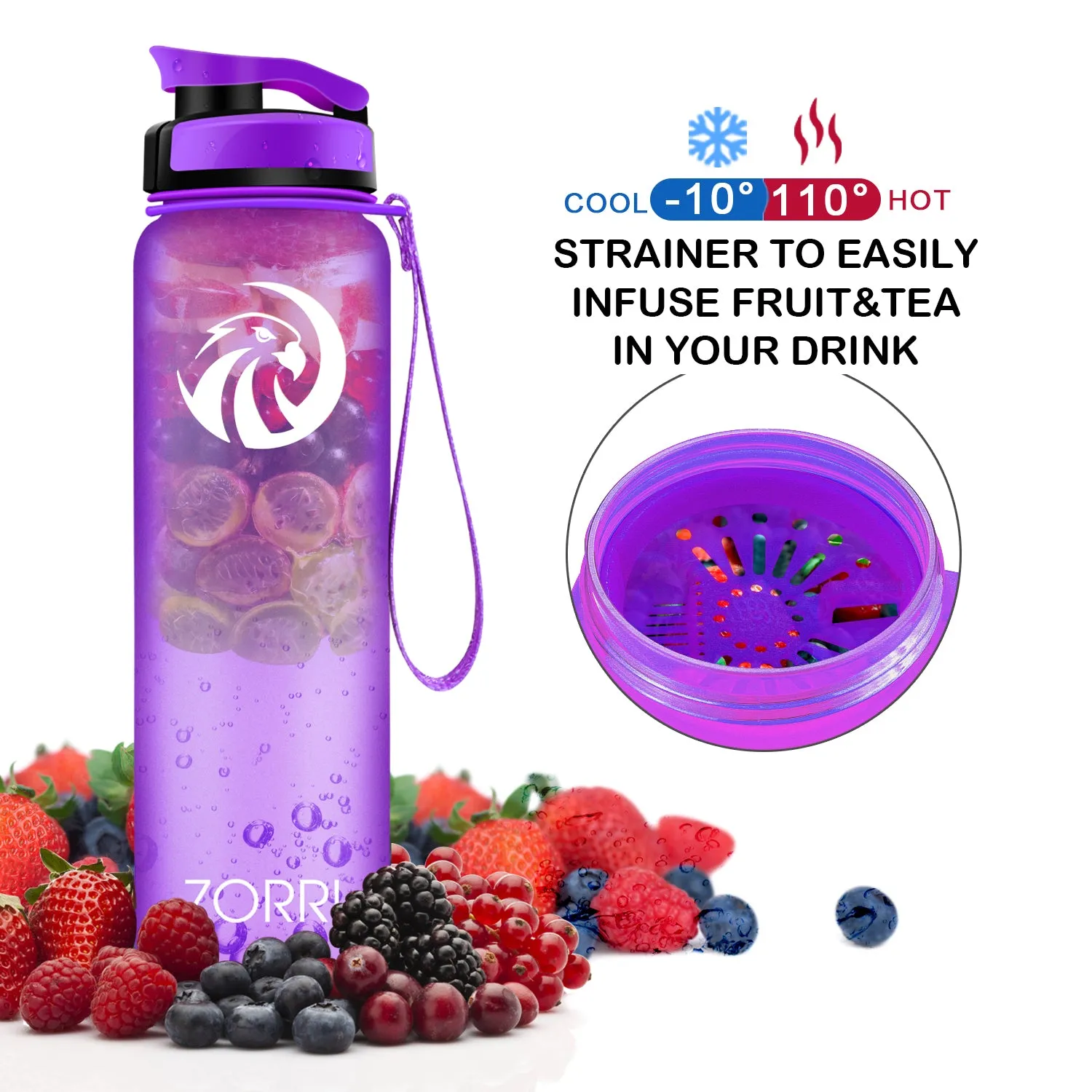 ZORRI 28 oz Water Bottle with Sponge Cleaning Brush & Strainer, Leakproof BPA & Toxic Free，Lightweight Drinking Water Bottles with Nylon Carrying Strap, Ensure You Drink Enough Water for Fitness Gym Outdoor