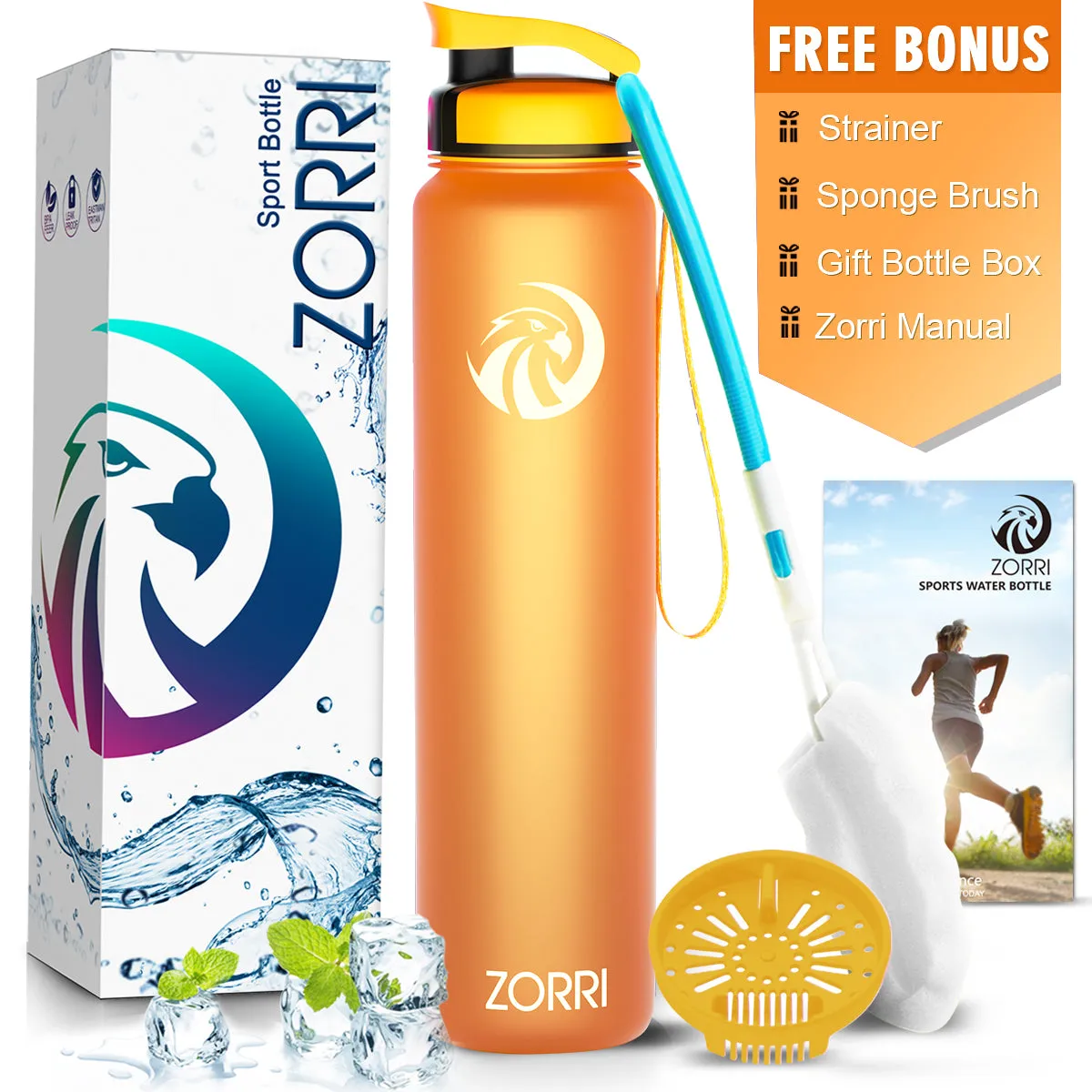 ZORRI 28 oz Water Bottle with Sponge Cleaning Brush & Strainer, Leakproof BPA & Toxic Free，Lightweight Drinking Water Bottles with Nylon Carrying Strap, Ensure You Drink Enough Water for Fitness Gym Outdoor