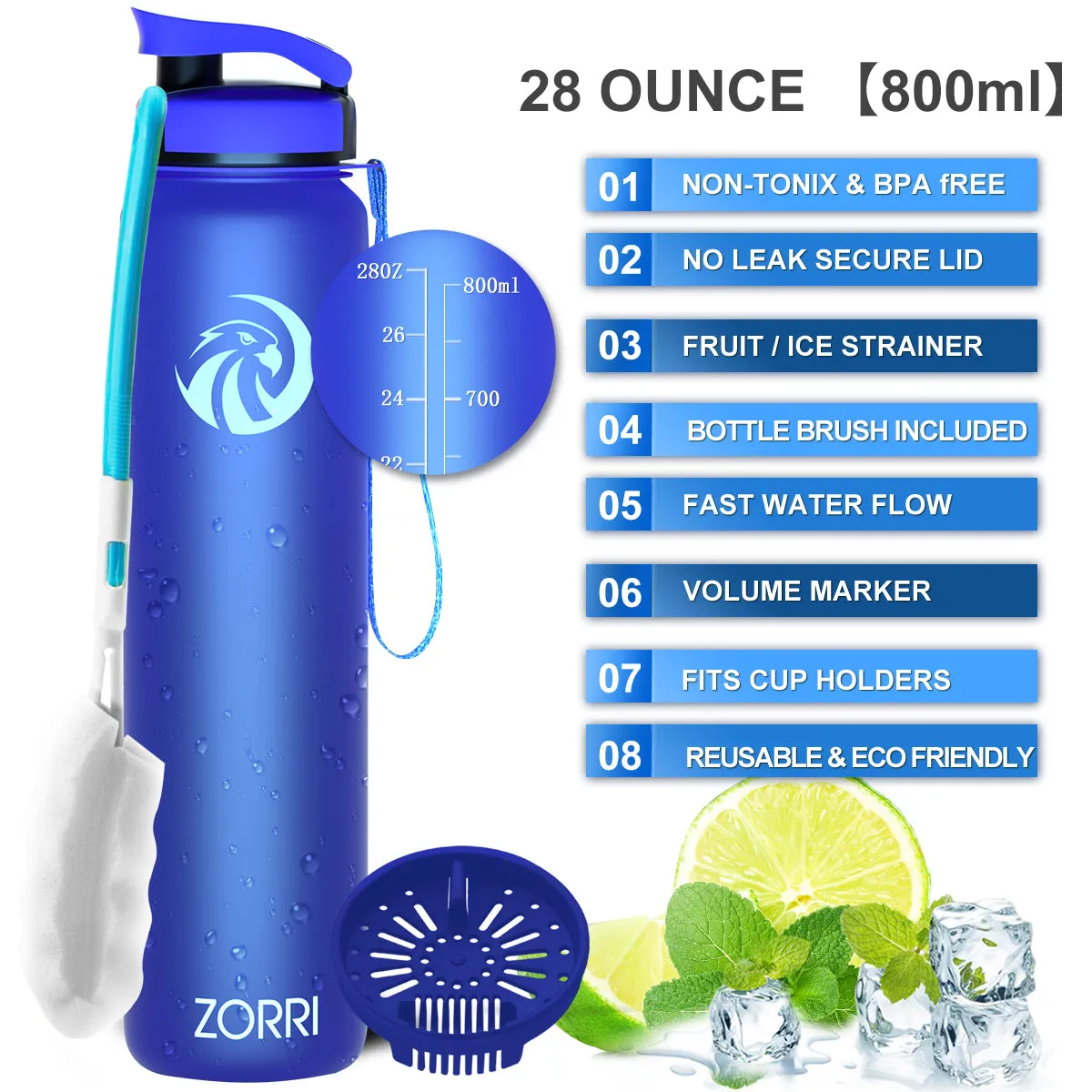 ZORRI 28 oz Water Bottle with Sponge Cleaning Brush & Strainer, Leakproof BPA & Toxic Free，Lightweight Drinking Water Bottles with Nylon Carrying Strap, Ensure You Drink Enough Water for Fitness Gym Outdoor