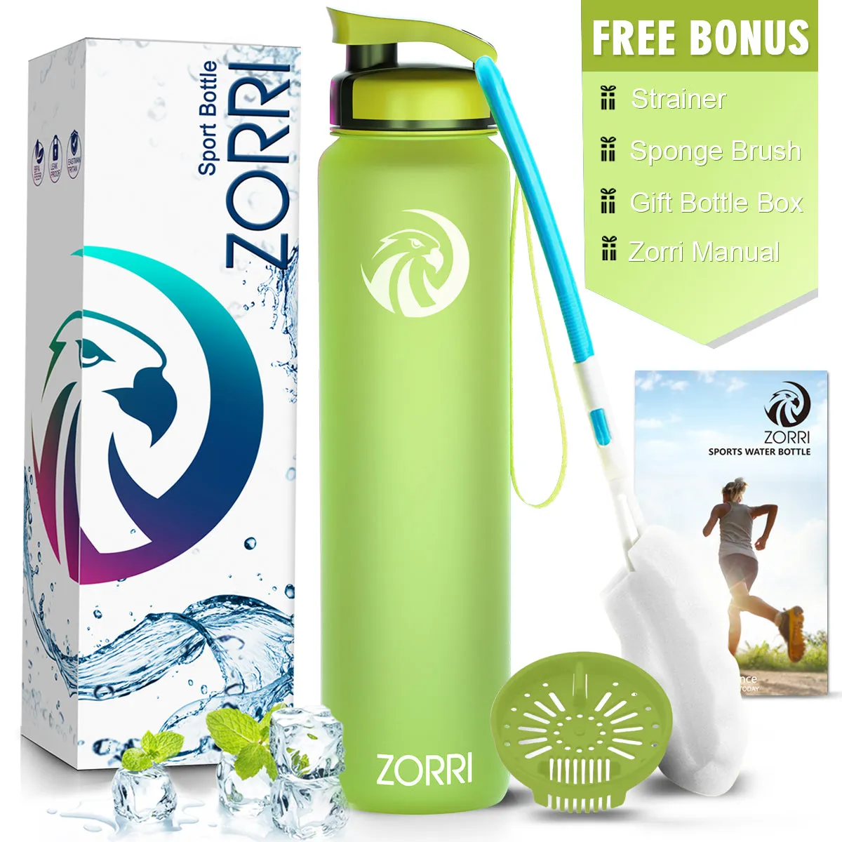 ZORRI 28 oz Water Bottle with Sponge Cleaning Brush & Strainer, Leakproof BPA & Toxic Free，Lightweight Drinking Water Bottles with Nylon Carrying Strap, Ensure You Drink Enough Water for Fitness Gym Outdoor