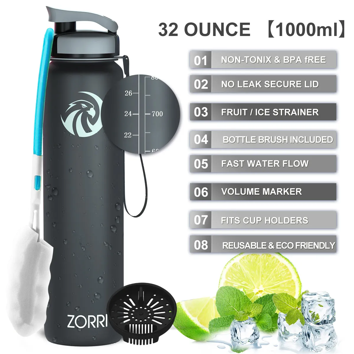 ZORRI 28 oz Water Bottle with Sponge Cleaning Brush & Strainer, Leakproof BPA & Toxic Free，Lightweight Drinking Water Bottles with Nylon Carrying Strap, Ensure You Drink Enough Water for Fitness Gym Outdoor