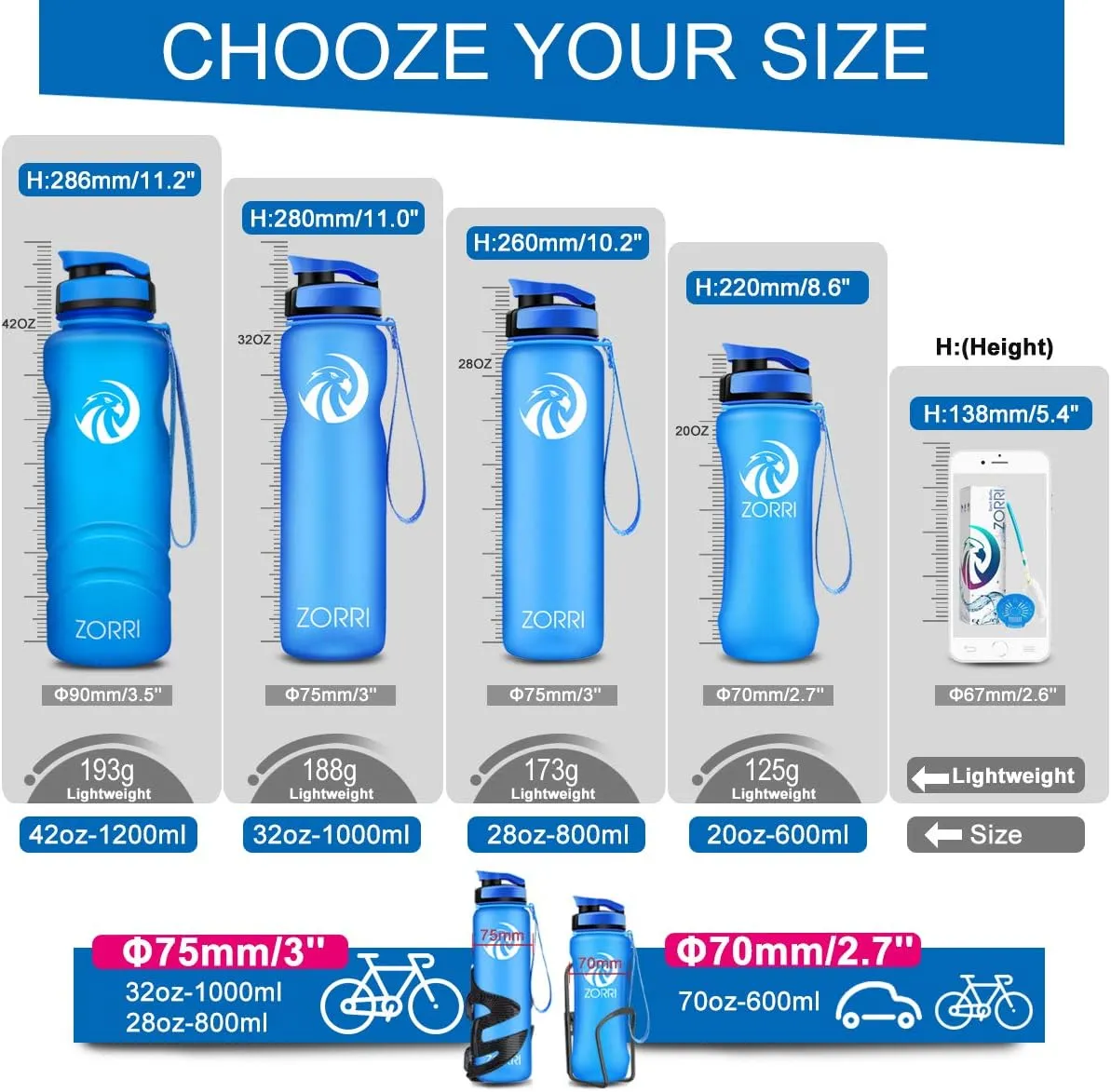 ZORRI 28 oz Water Bottle with Sponge Cleaning Brush & Strainer, Leakproof BPA & Toxic Free，Lightweight Drinking Water Bottles with Nylon Carrying Strap, Ensure You Drink Enough Water for Fitness Gym Outdoor