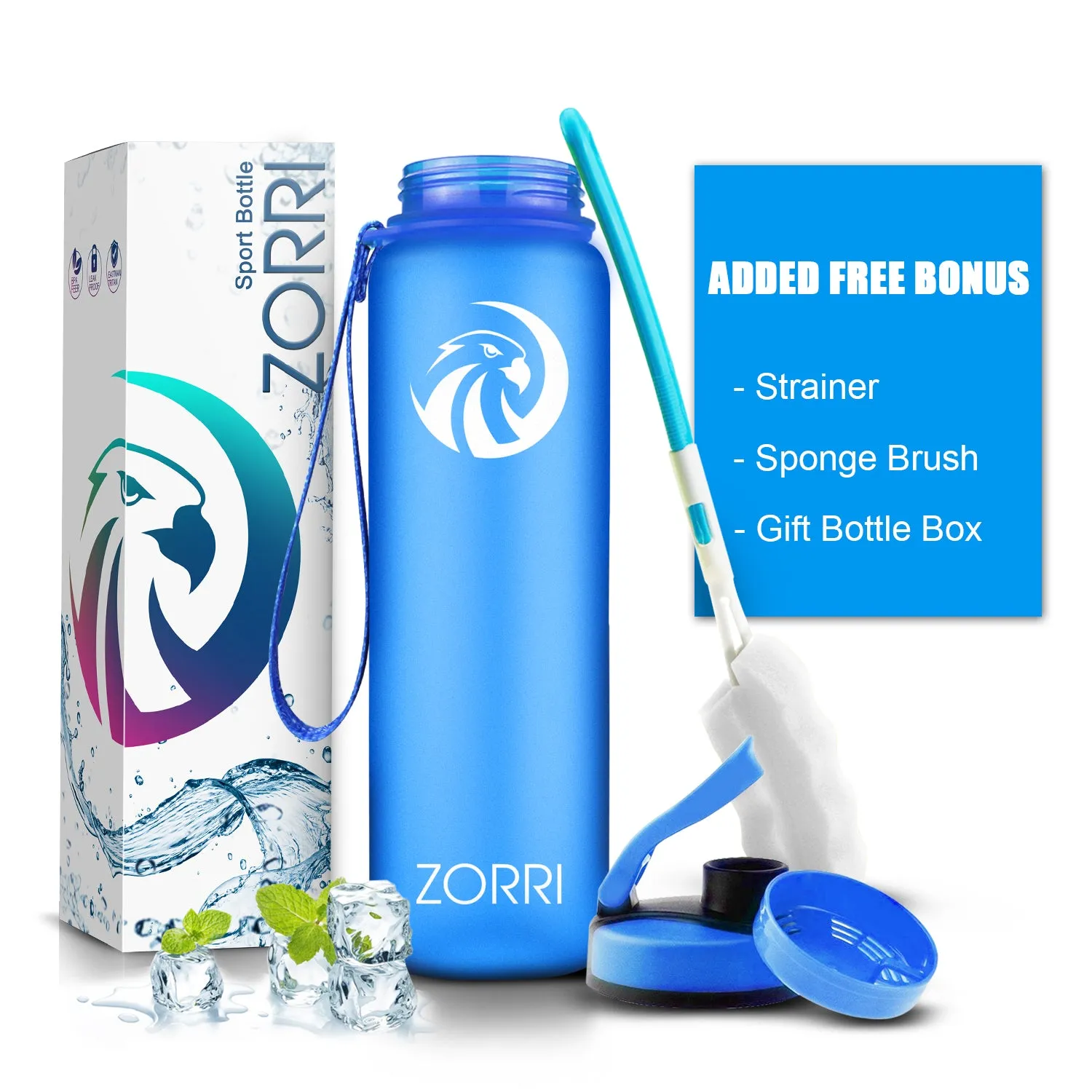 ZORRI 28 oz Water Bottle with Sponge Cleaning Brush & Strainer, Leakproof BPA & Toxic Free，Lightweight Drinking Water Bottles with Nylon Carrying Strap, Ensure You Drink Enough Water for Fitness Gym Outdoor