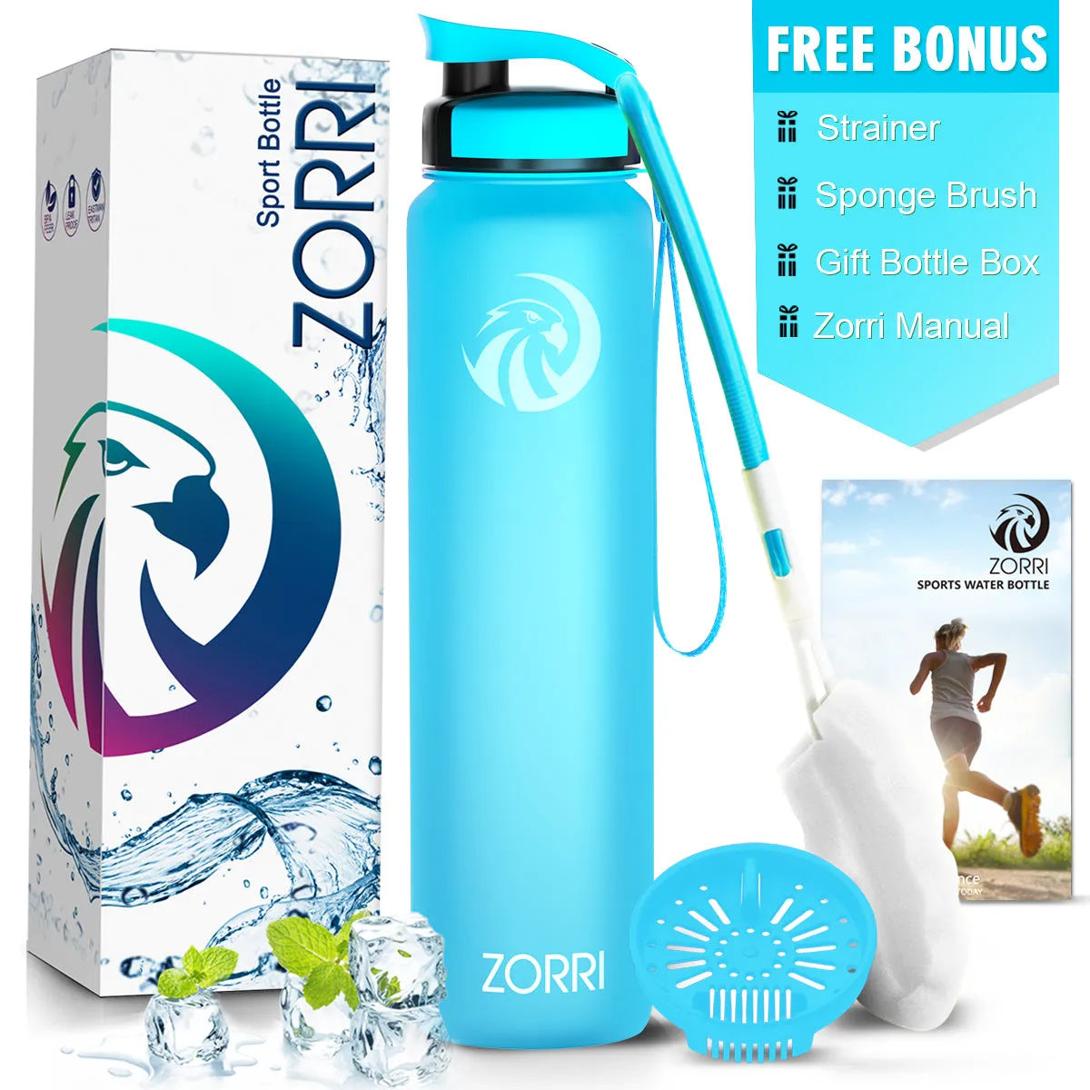 ZORRI 28 oz Water Bottle with Sponge Cleaning Brush & Strainer, Leakproof BPA & Toxic Free，Lightweight Drinking Water Bottles with Nylon Carrying Strap, Ensure You Drink Enough Water for Fitness Gym Outdoor