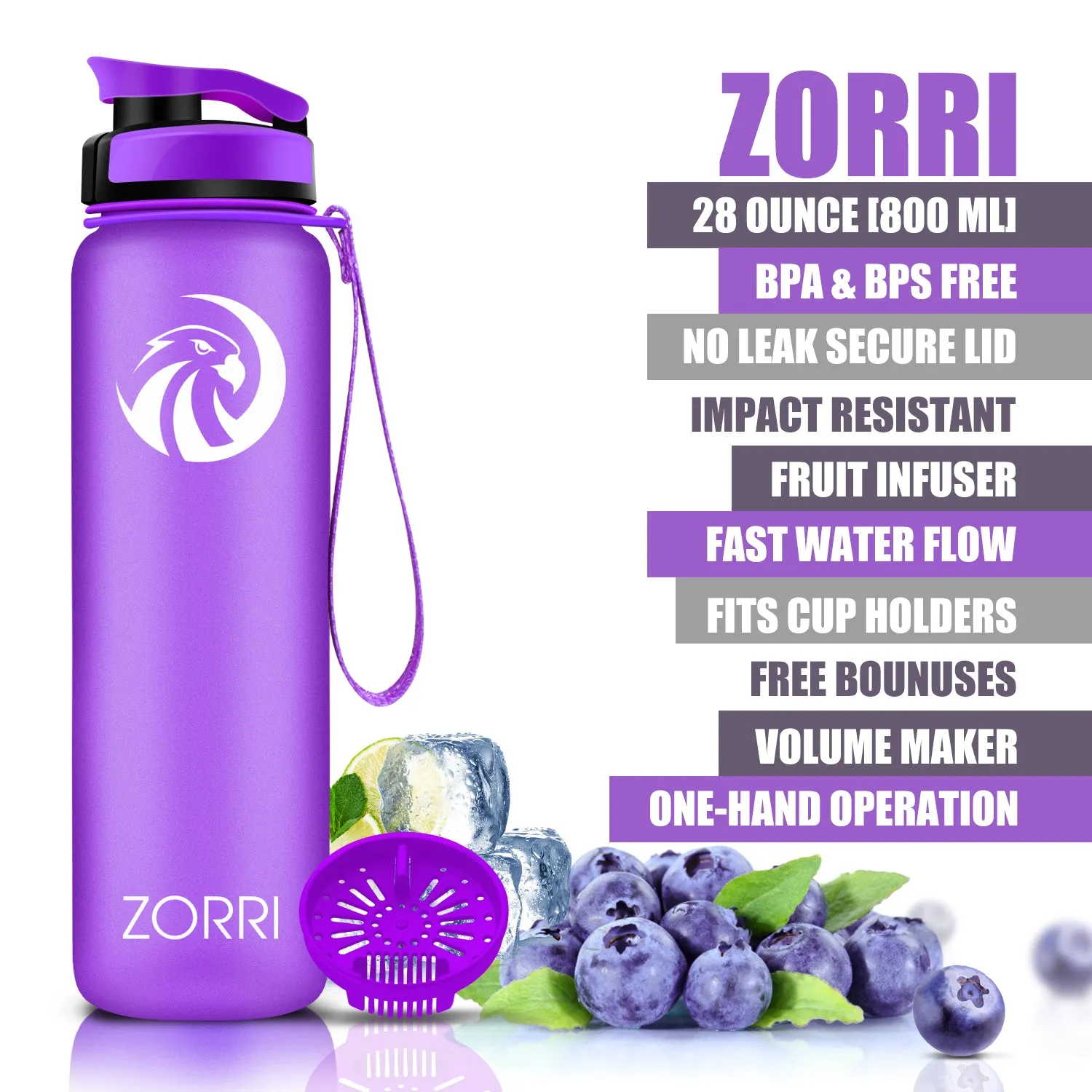 ZORRI 28 oz Water Bottle with Sponge Cleaning Brush & Strainer, Leakproof BPA & Toxic Free，Lightweight Drinking Water Bottles with Nylon Carrying Strap, Ensure You Drink Enough Water for Fitness Gym Outdoor