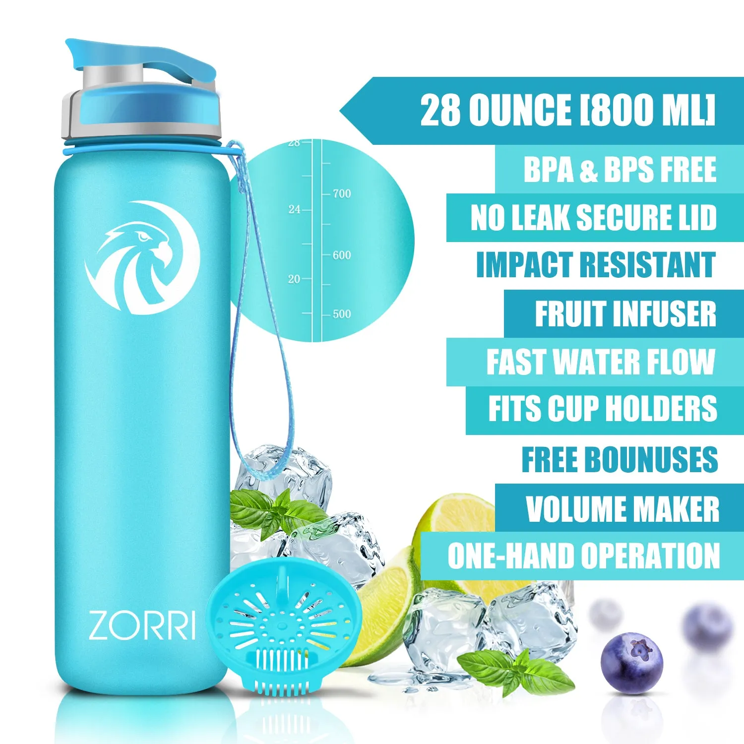 ZORRI 28 oz Water Bottle with Sponge Cleaning Brush & Strainer, Leakproof BPA & Toxic Free，Lightweight Drinking Water Bottles with Nylon Carrying Strap, Ensure You Drink Enough Water for Fitness Gym Outdoor