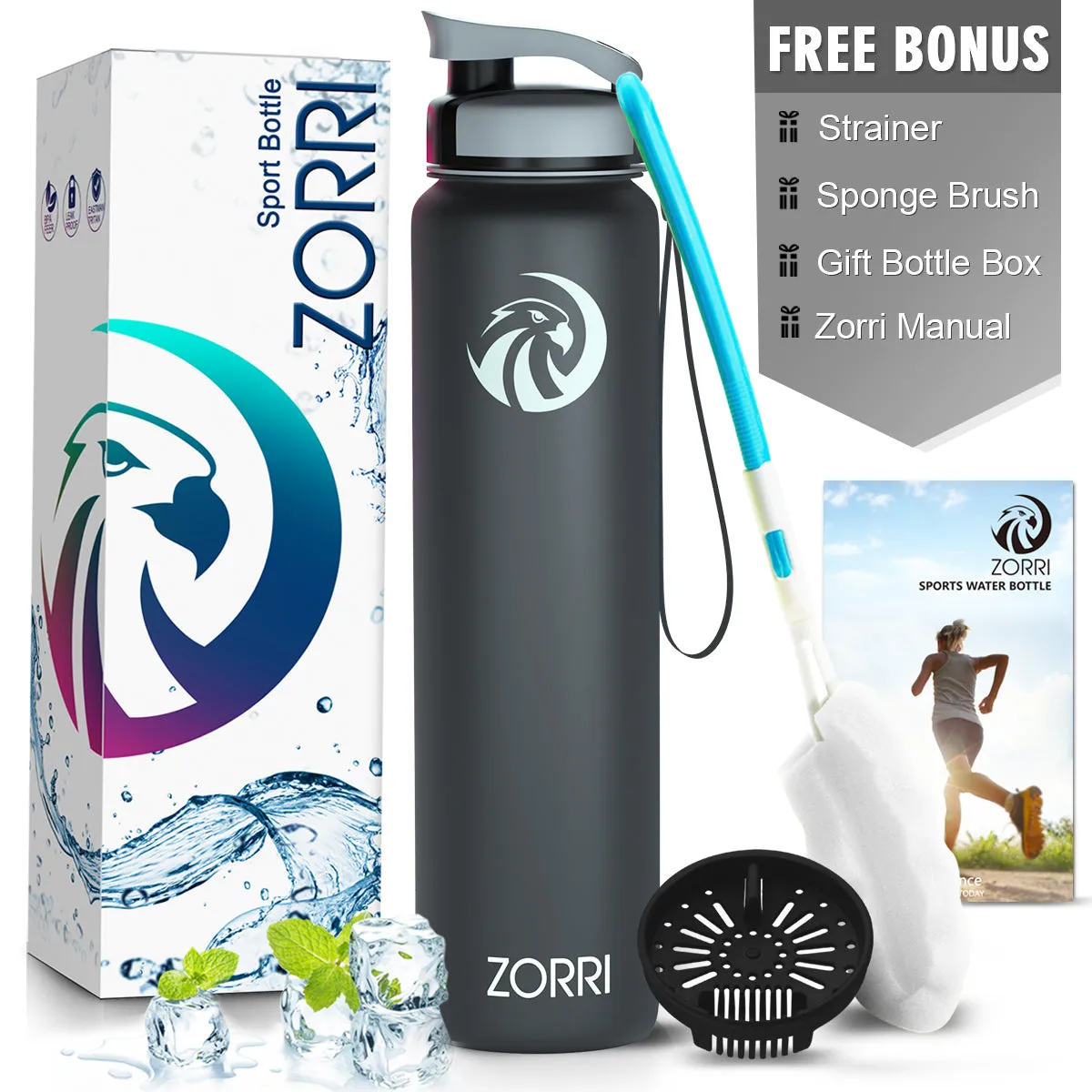 ZORRI 28 oz Water Bottle with Sponge Cleaning Brush & Strainer, Leakproof BPA & Toxic Free，Lightweight Drinking Water Bottles with Nylon Carrying Strap, Ensure You Drink Enough Water for Fitness Gym Outdoor