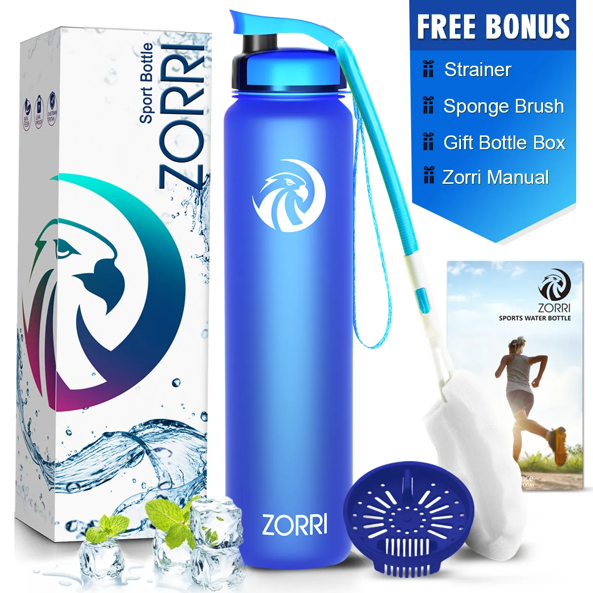 ZORRI 28 oz Water Bottle with Sponge Cleaning Brush & Strainer, Leakproof BPA & Toxic Free，Lightweight Drinking Water Bottles with Nylon Carrying Strap, Ensure You Drink Enough Water for Fitness Gym Outdoor