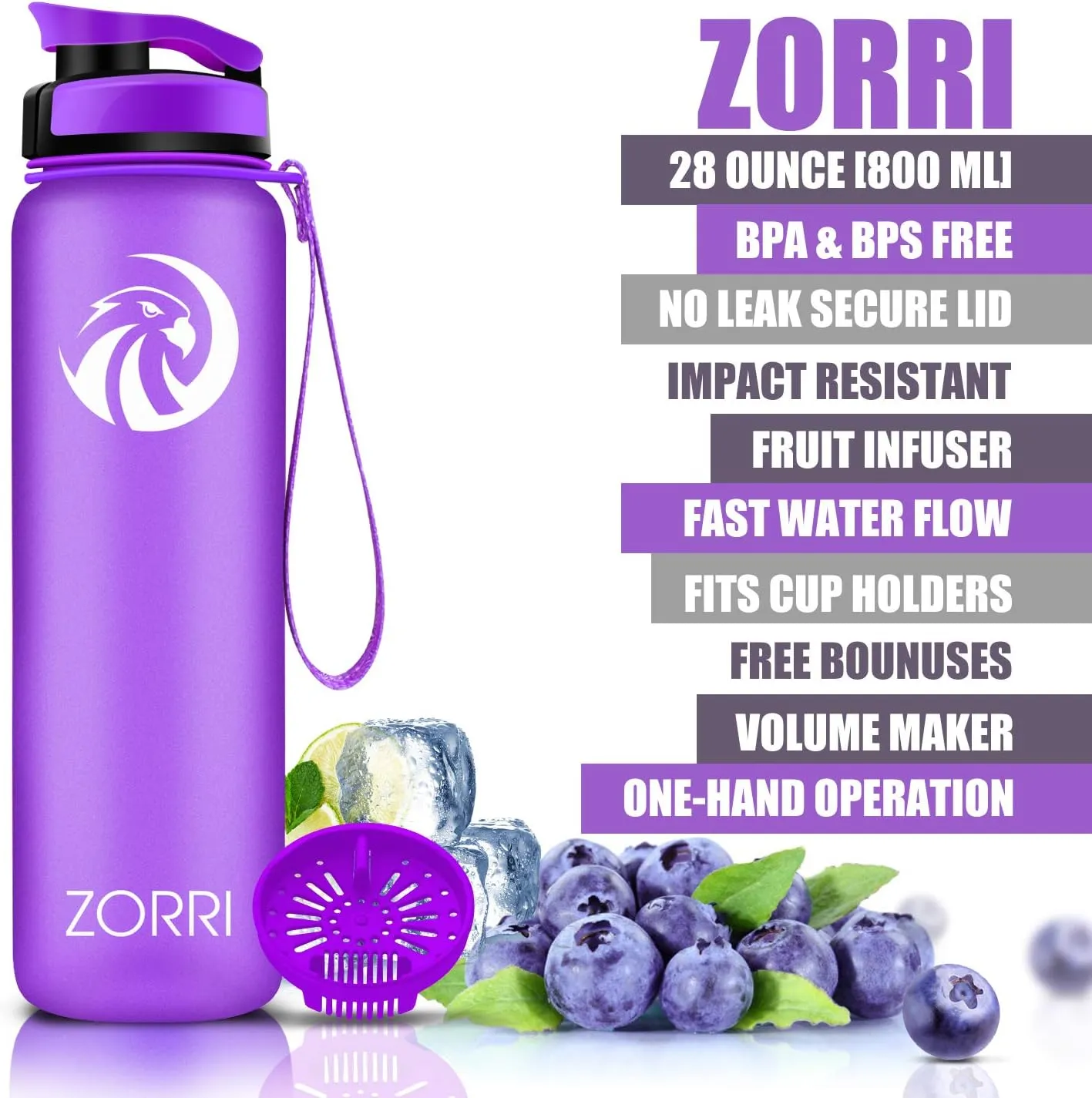 ZORRI 28 oz Water Bottle with Sponge Cleaning Brush & Strainer, Leakproof BPA & Toxic Free，Lightweight Drinking Water Bottles with Nylon Carrying Strap, Ensure You Drink Enough Water for Fitness Gym Outdoor