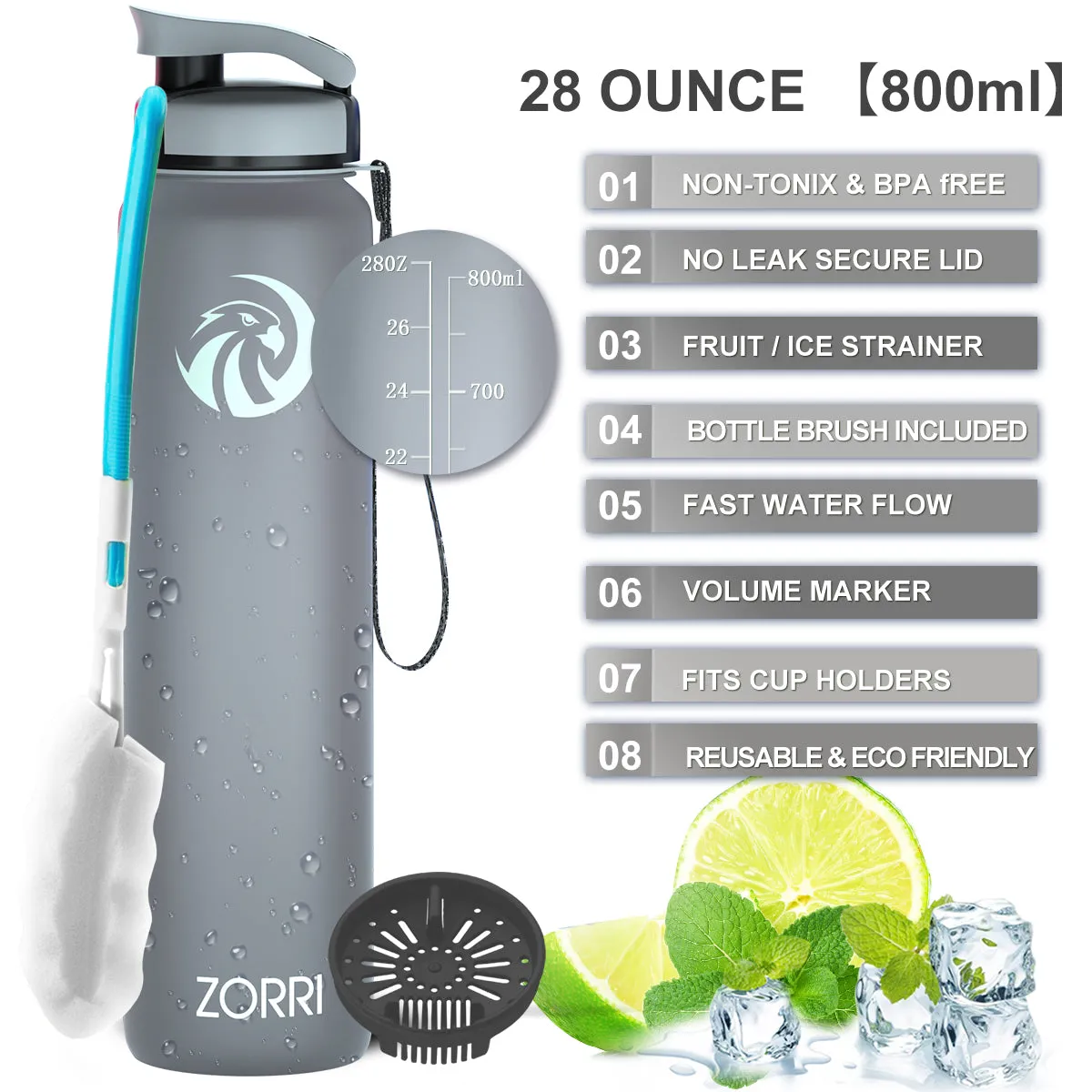 ZORRI 28 oz Water Bottle with Sponge Cleaning Brush & Strainer, Leakproof BPA & Toxic Free，Lightweight Drinking Water Bottles with Nylon Carrying Strap, Ensure You Drink Enough Water for Fitness Gym Outdoor