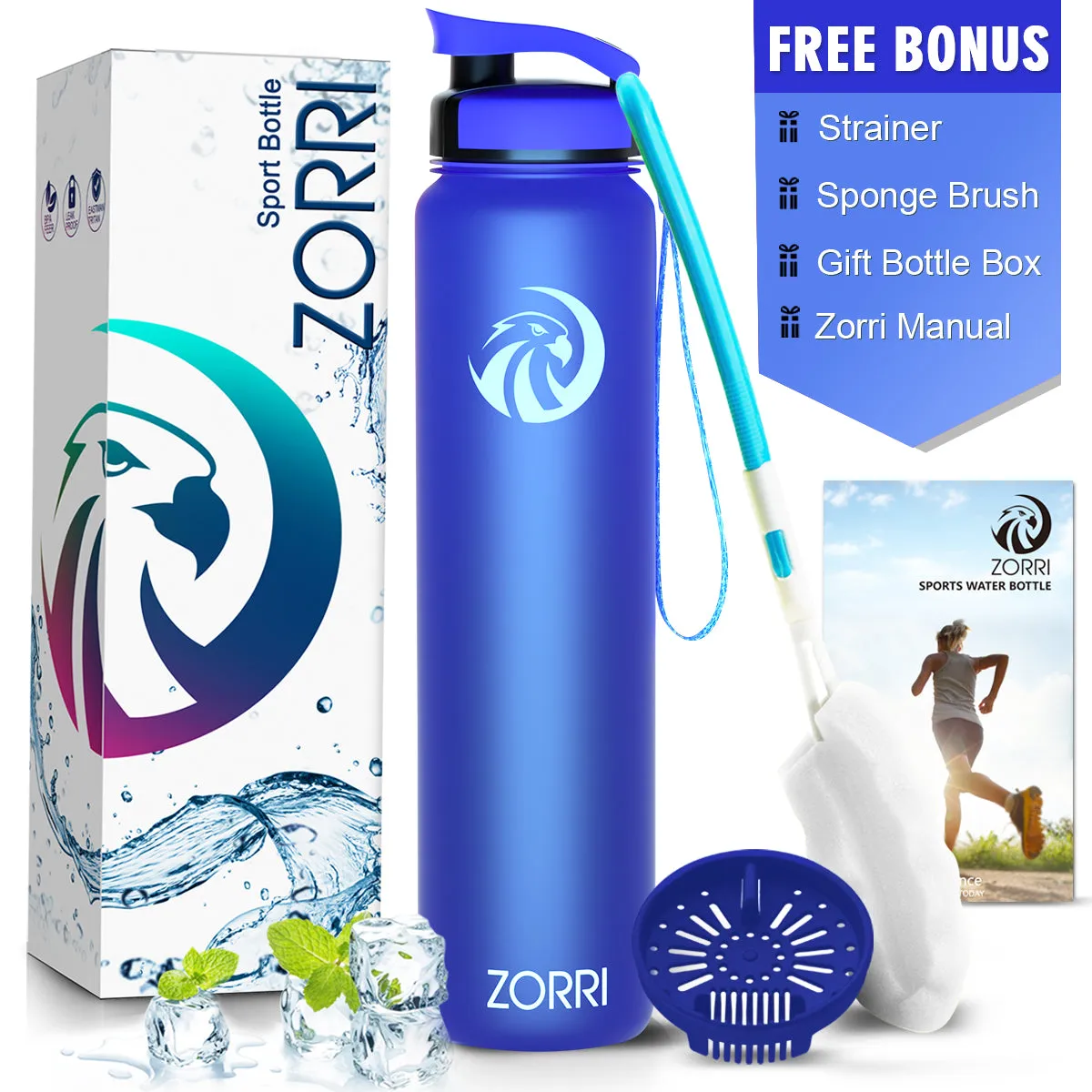 ZORRI 28 oz Water Bottle with Sponge Cleaning Brush & Strainer, Leakproof BPA & Toxic Free，Lightweight Drinking Water Bottles with Nylon Carrying Strap, Ensure You Drink Enough Water for Fitness Gym Outdoor