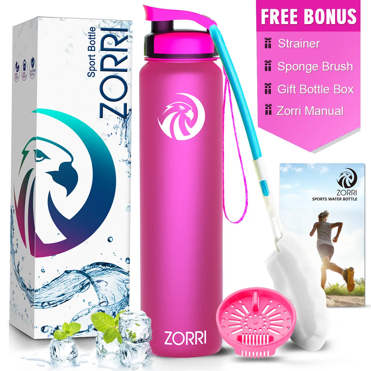 ZORRI 28 oz Water Bottle with Sponge Cleaning Brush & Strainer, Leakproof BPA & Toxic Free，Lightweight Drinking Water Bottles with Nylon Carrying Strap, Ensure You Drink Enough Water for Fitness Gym Outdoor