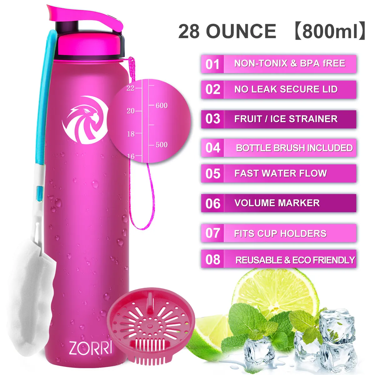 ZORRI 28 oz Water Bottle with Sponge Cleaning Brush & Strainer, Leakproof BPA & Toxic Free，Lightweight Drinking Water Bottles with Nylon Carrying Strap, Ensure You Drink Enough Water for Fitness Gym Outdoor