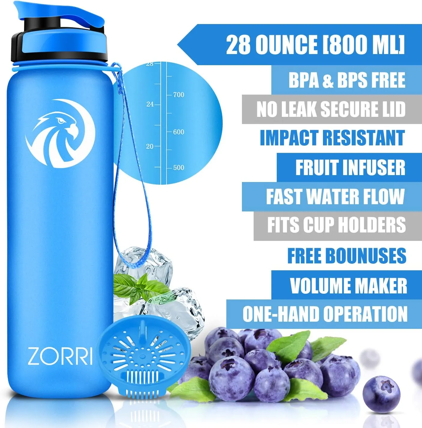 ZORRI 28 oz Water Bottle with Sponge Cleaning Brush & Strainer, Leakproof BPA & Toxic Free，Lightweight Drinking Water Bottles with Nylon Carrying Strap, Ensure You Drink Enough Water for Fitness Gym Outdoor